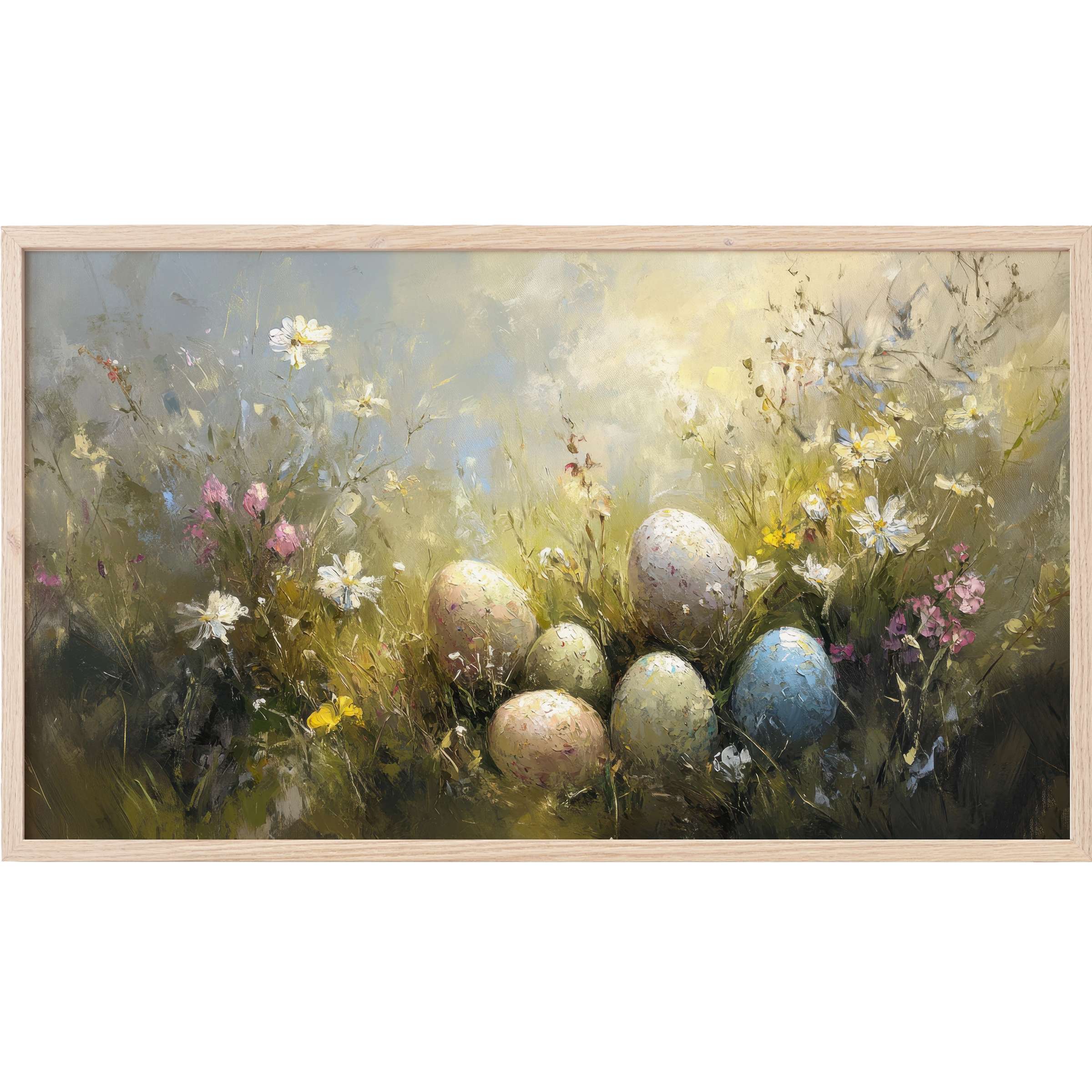 Soft pastel eggs nestled in wildflowers with impressionistic brushstrokes for elegant easter Frame TV Art