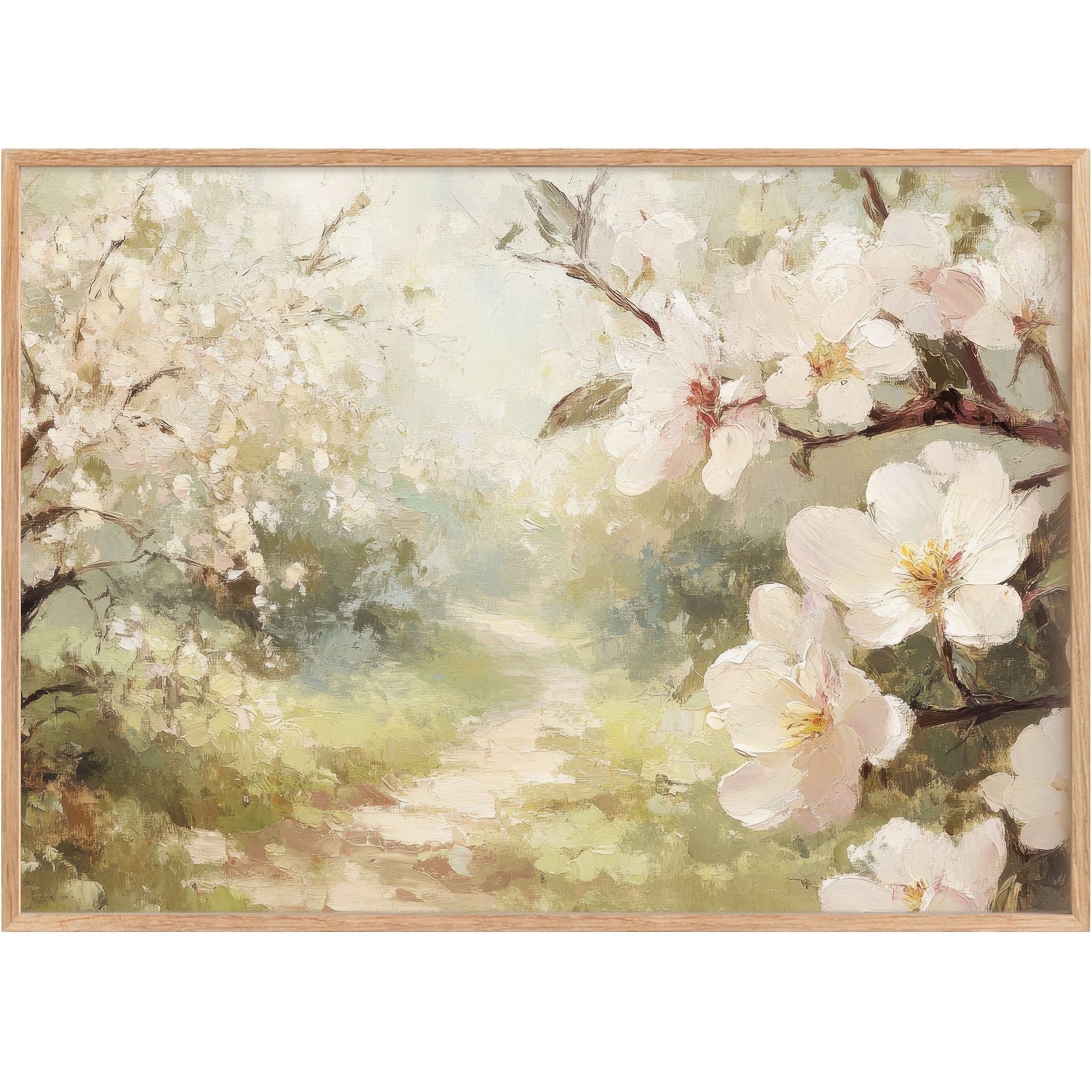 Soft blush and creamy whites illuminate a serene garden path in this tree printable wall art, evoking calm elegance and timeless beauty