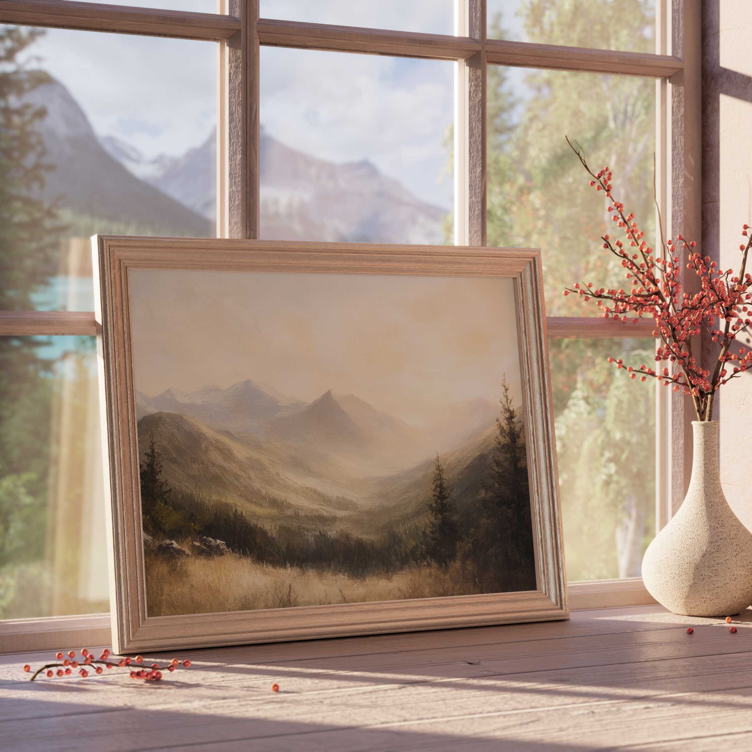 Summer downloadable art evoking serene mountain mornings, enhancing tranquil, design-forward interiors with warm, curated elegance