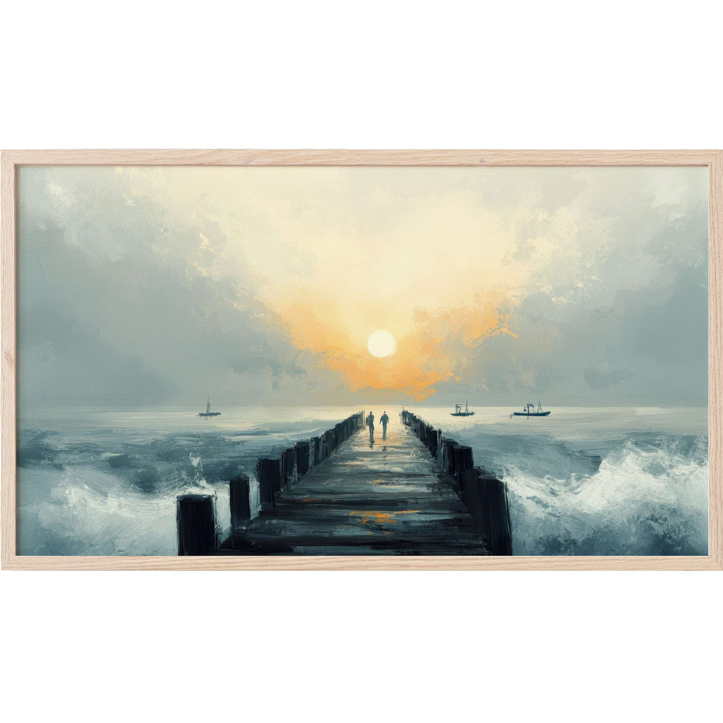 Serene pier at sunset with muted blues and warm golds, evoking calm elegance in beach Frame TV Art