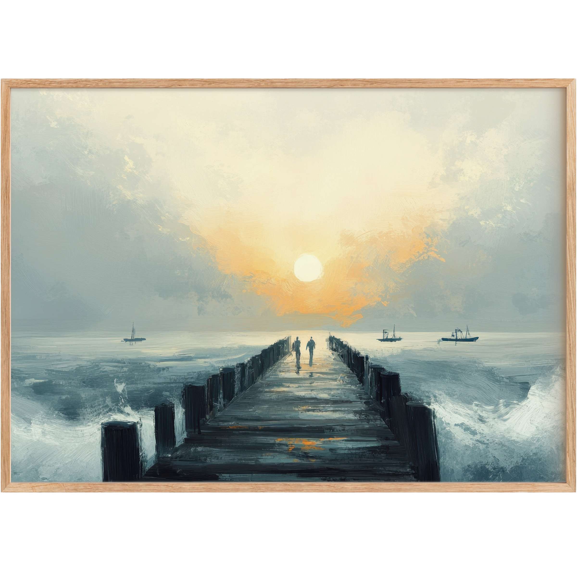 Serene beach printable wall art featuring a tranquil pier at sunrise, with soft blues and warm golds evoking calm reflection