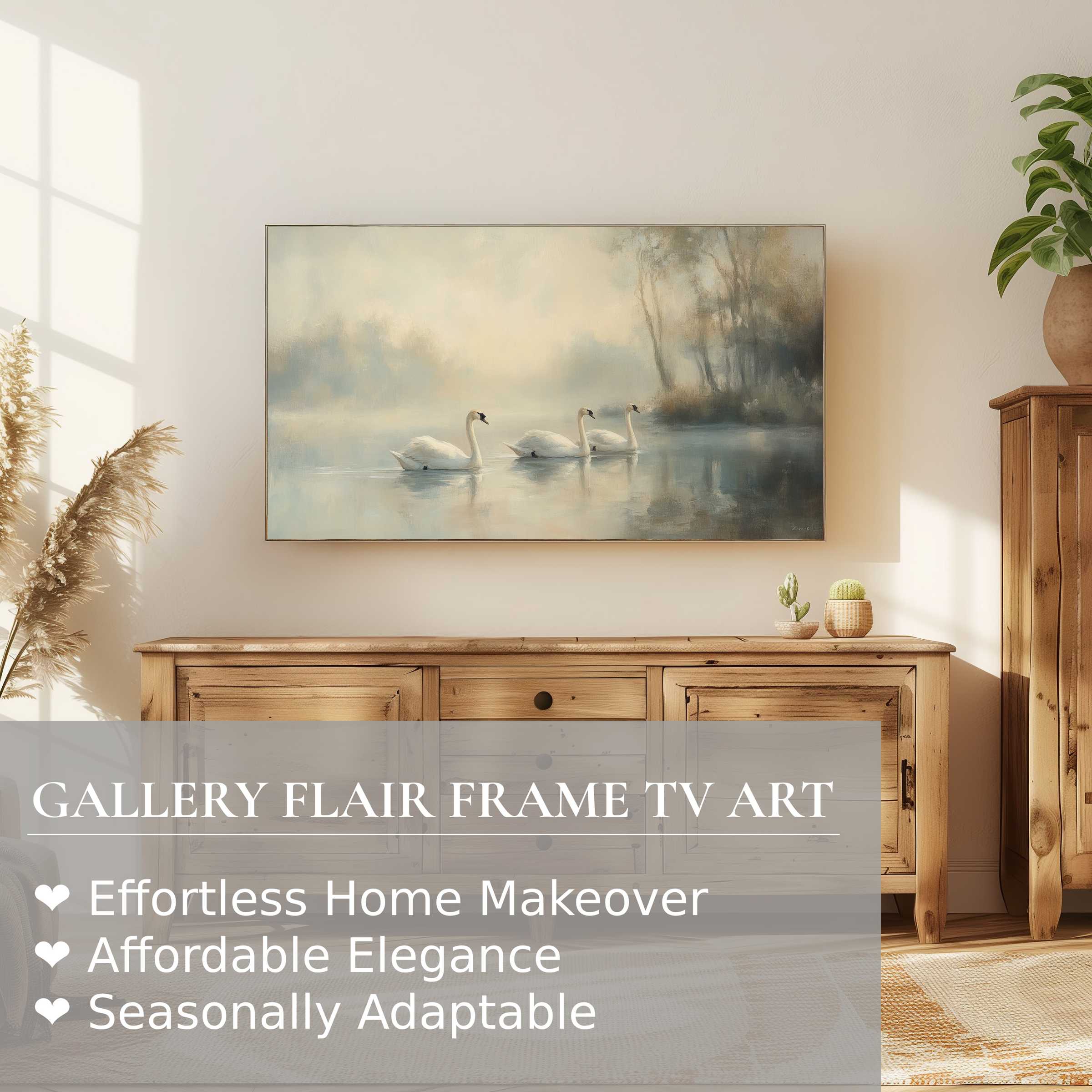 Samsung Frame TV displays vintage digital artwork of swans in a misty lake, enhancing serene, elegant home decor