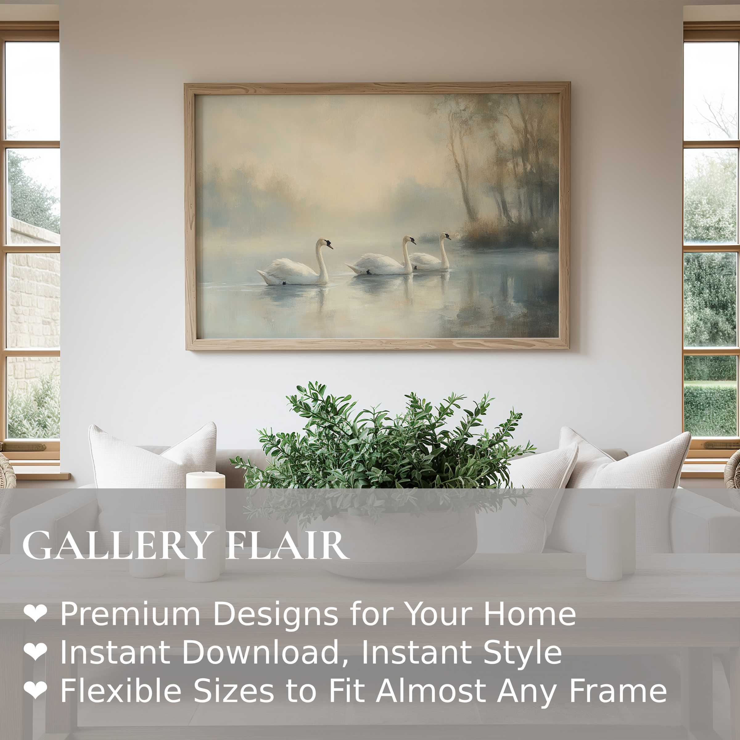 Vintage wall art print of serene swans gliding on misty water, evoking a calm, radiant ambiance in a modern minimalist living space