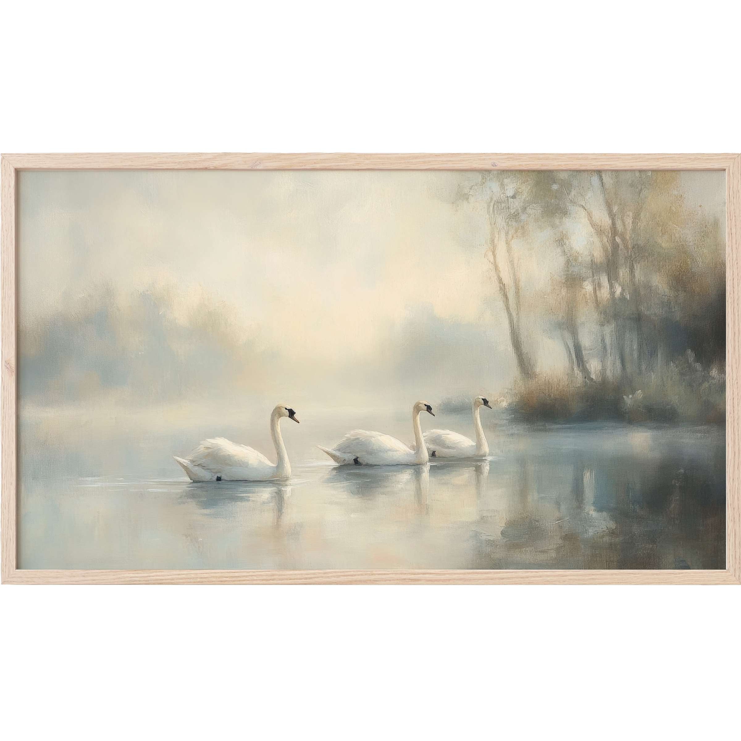 Serene vintage Frame TV Art of white swans gliding on misty water in soft blues and warm neutrals
