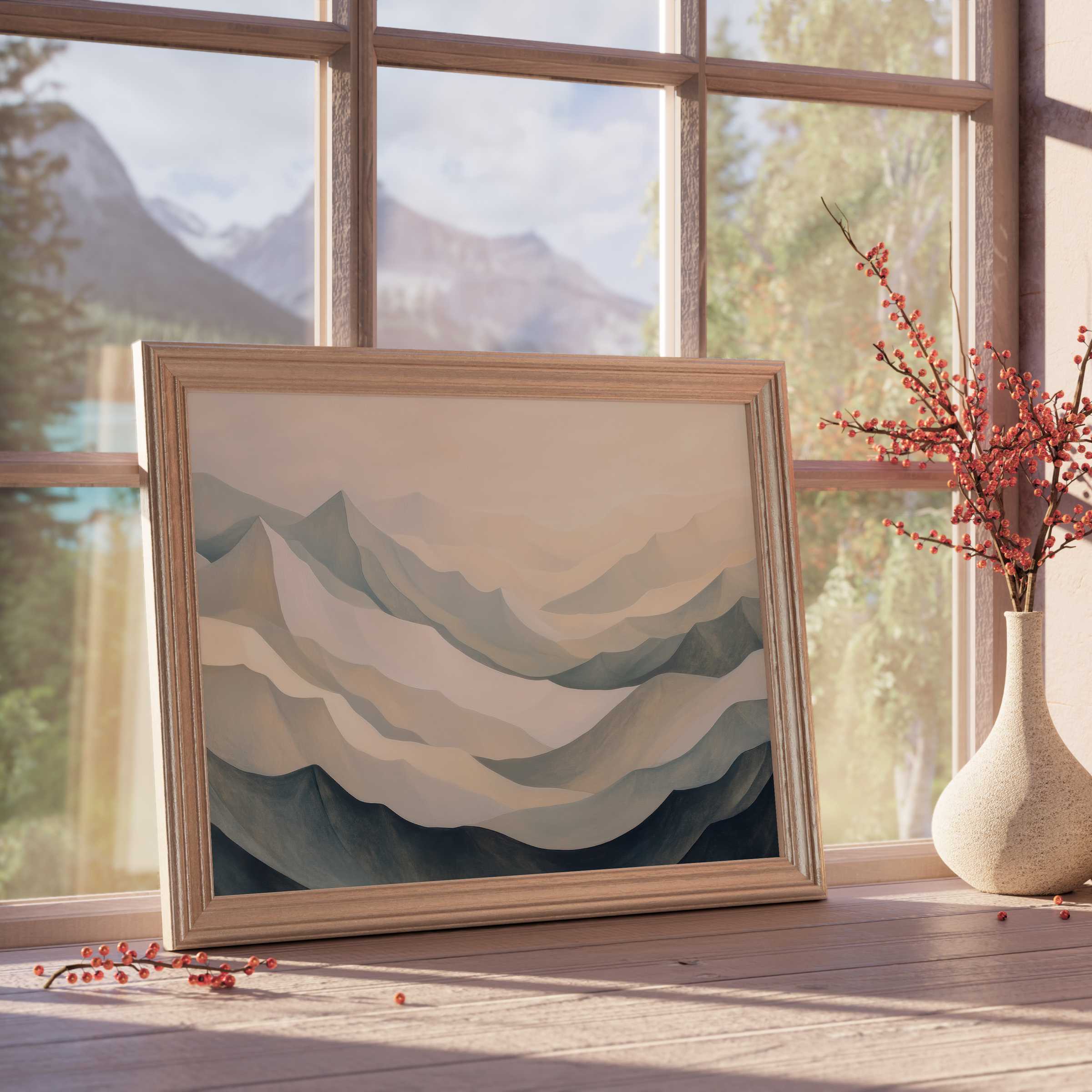 Serene abstract downloadable art in muted hues, elevating tranquil, design-forward interiors with its calming mountain layers