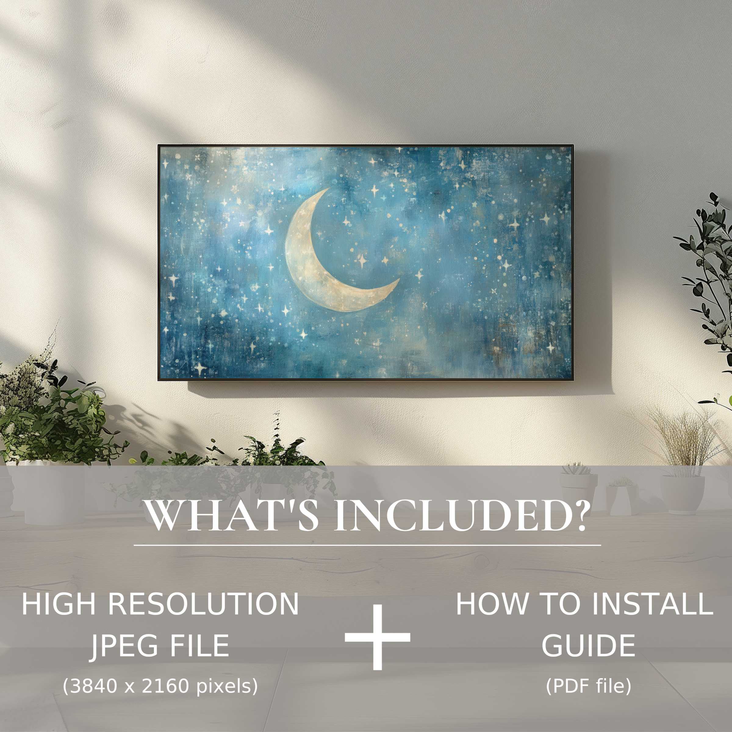 Elegant nursery digital TV art download with moon design, easy digital use enriches stylish living spaces gracefully