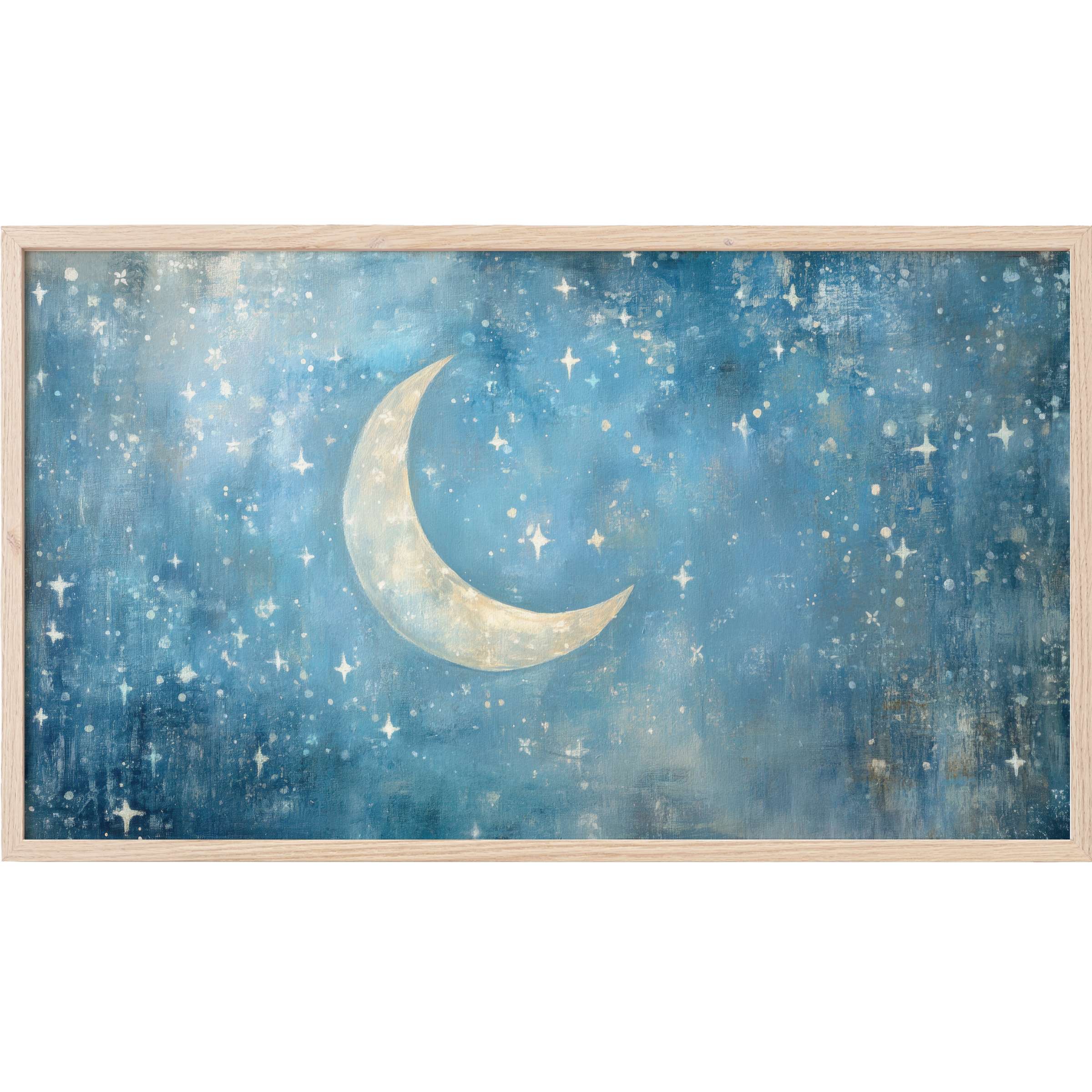 Elegant crescent moon amid scattered stars on textured deep blue backdrop, perfect nursery Frame TV Art