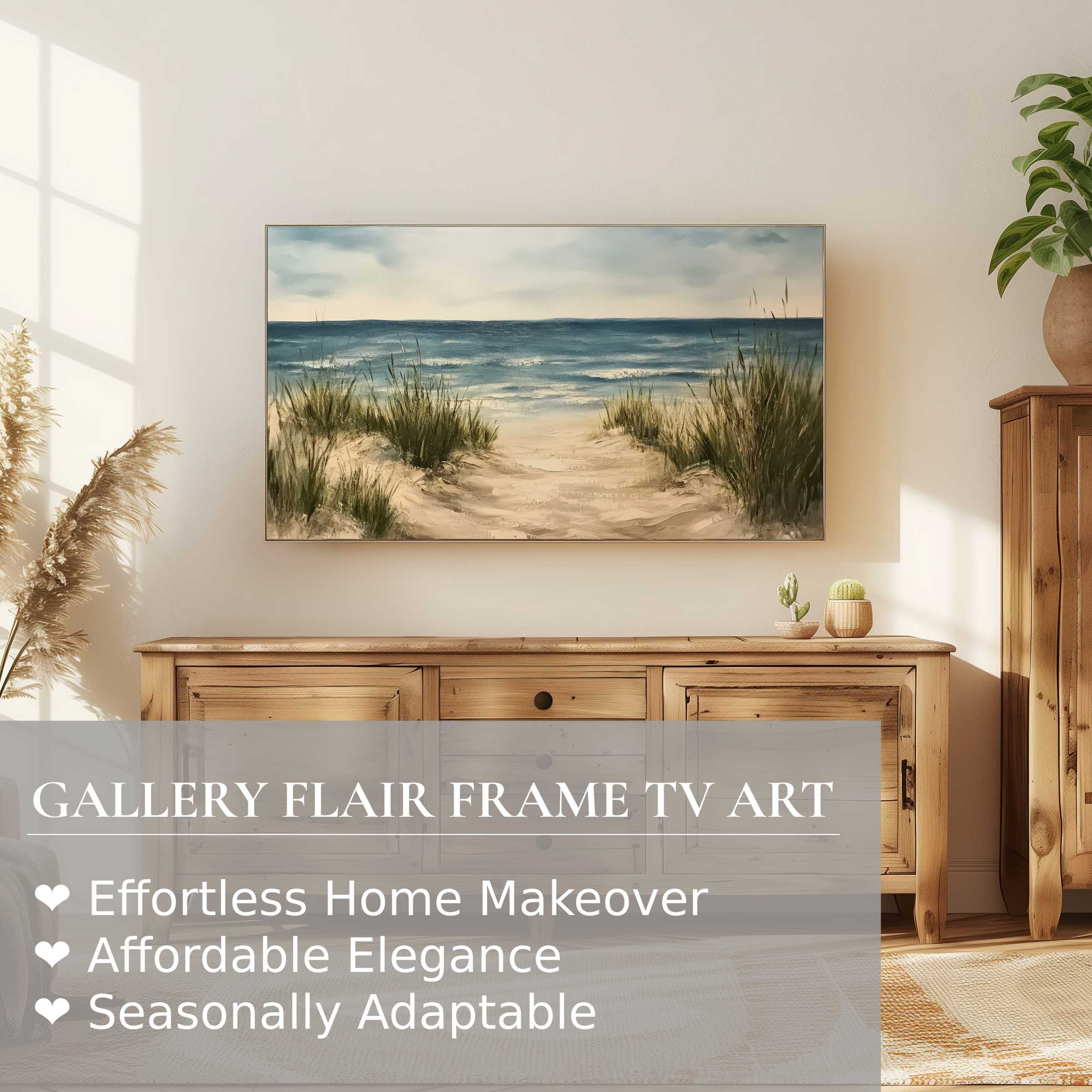 Samsung Frame TV displays serene landscape digital artwork of a coastal path, perfect for refined home decor