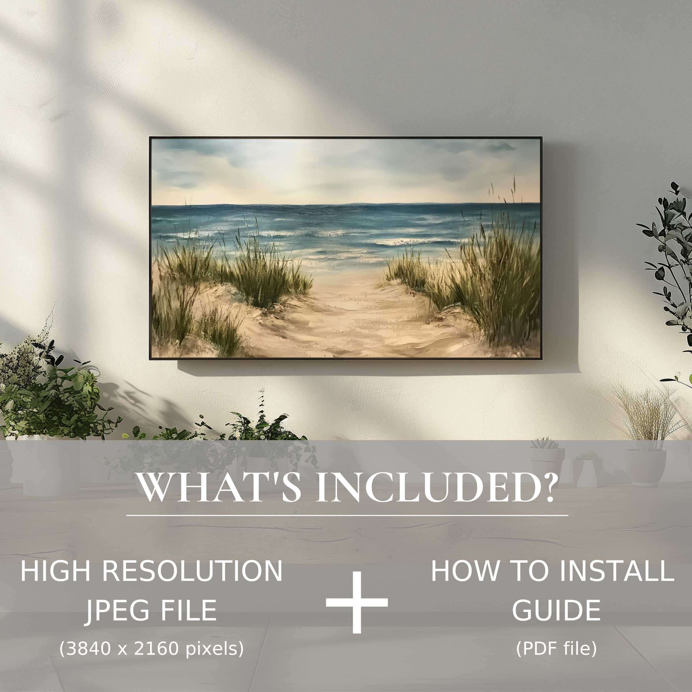 Serene coastal view as landscape digital TV art download, easy to use, enhancing modern living spaces with elegance