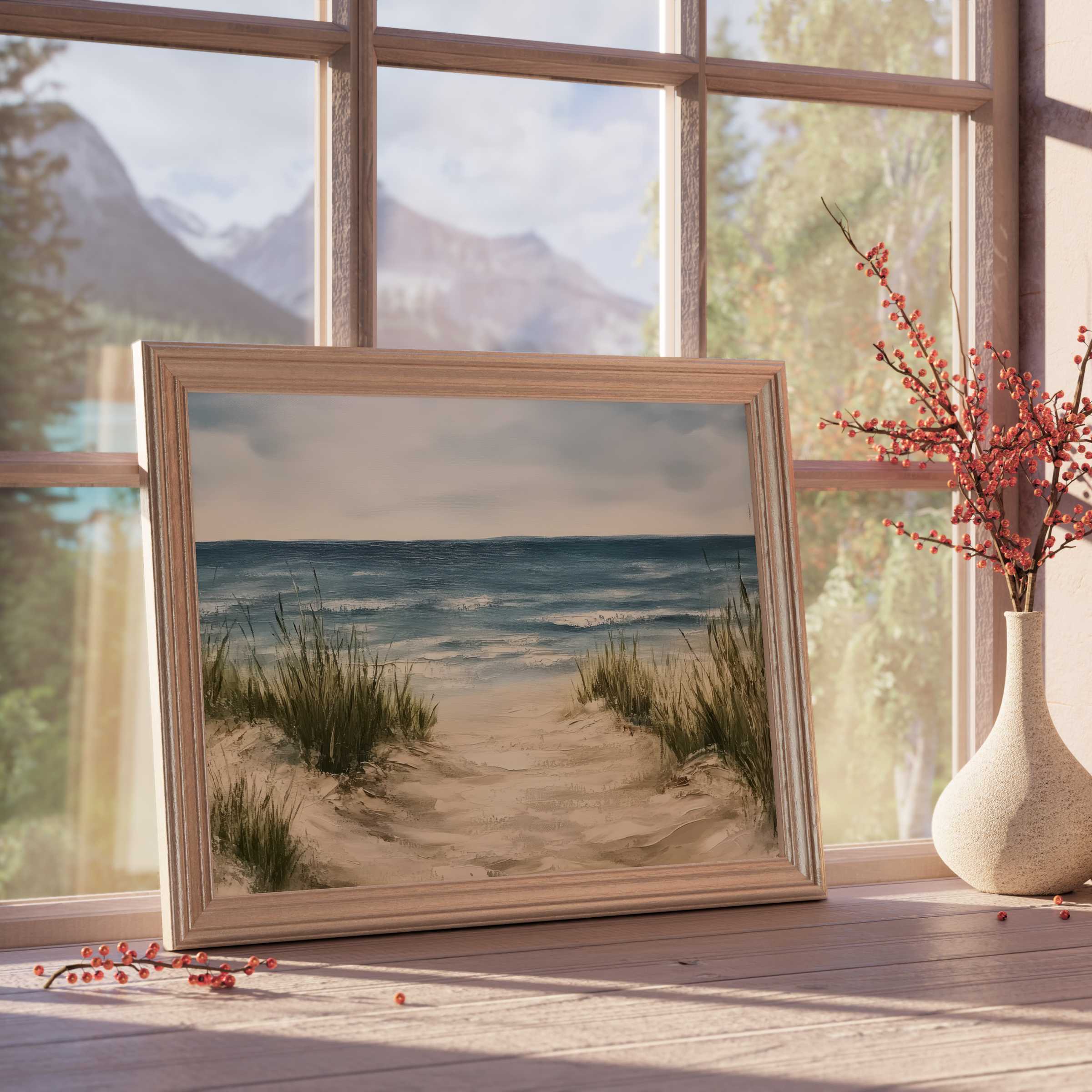 Serene landscape downloadable art of a tranquil beach path framed in soft wood, elevating calm, curated interiors with coastal charm
