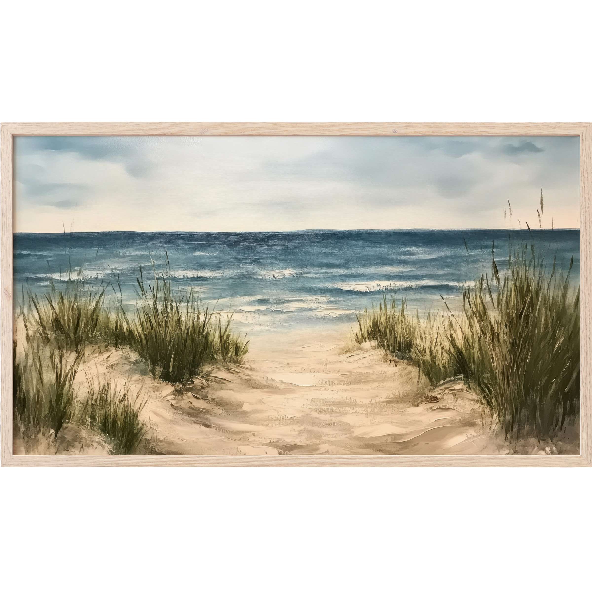 Serene coastal scene with soft blues, sandy tones, and textured grasses in a refined landscape Frame TV Art