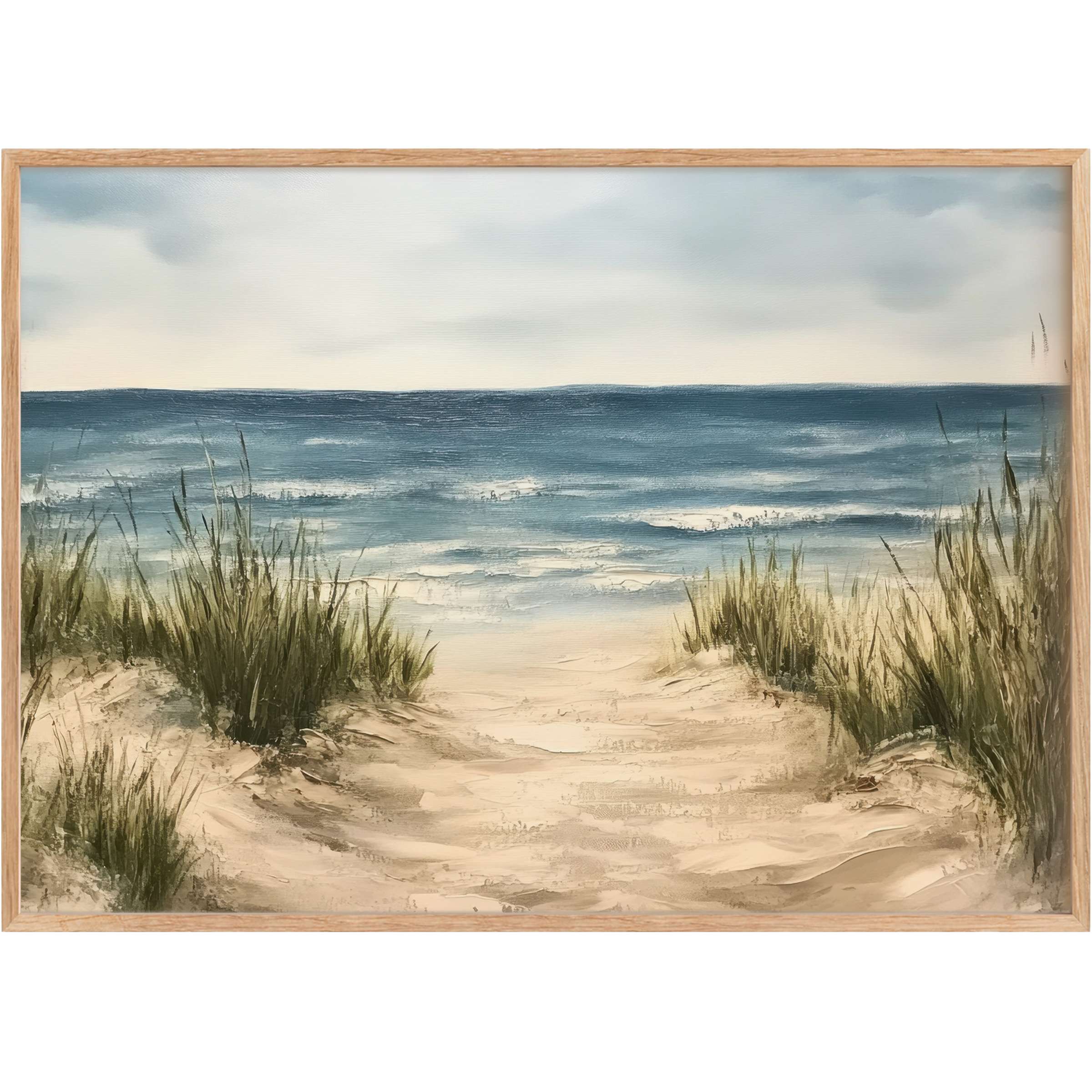 Serene landscape printable wall art, blending soft sandy tones with deep blues for a calming coastal retreat vibe