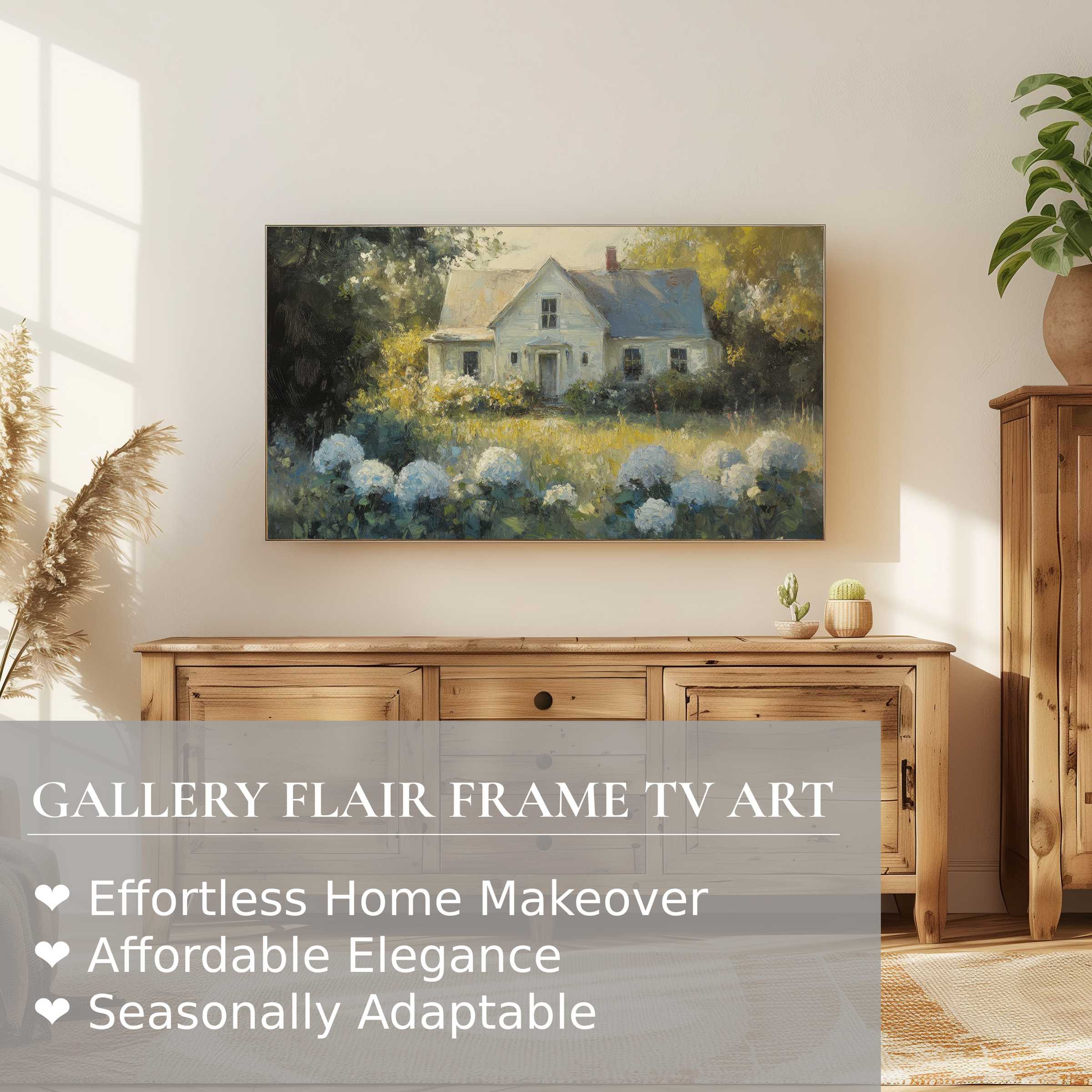 Samsung Frame TV displays serene farmhouse digital artwork in a sunlit, elegant rustic setting for refined decor enthusiasts