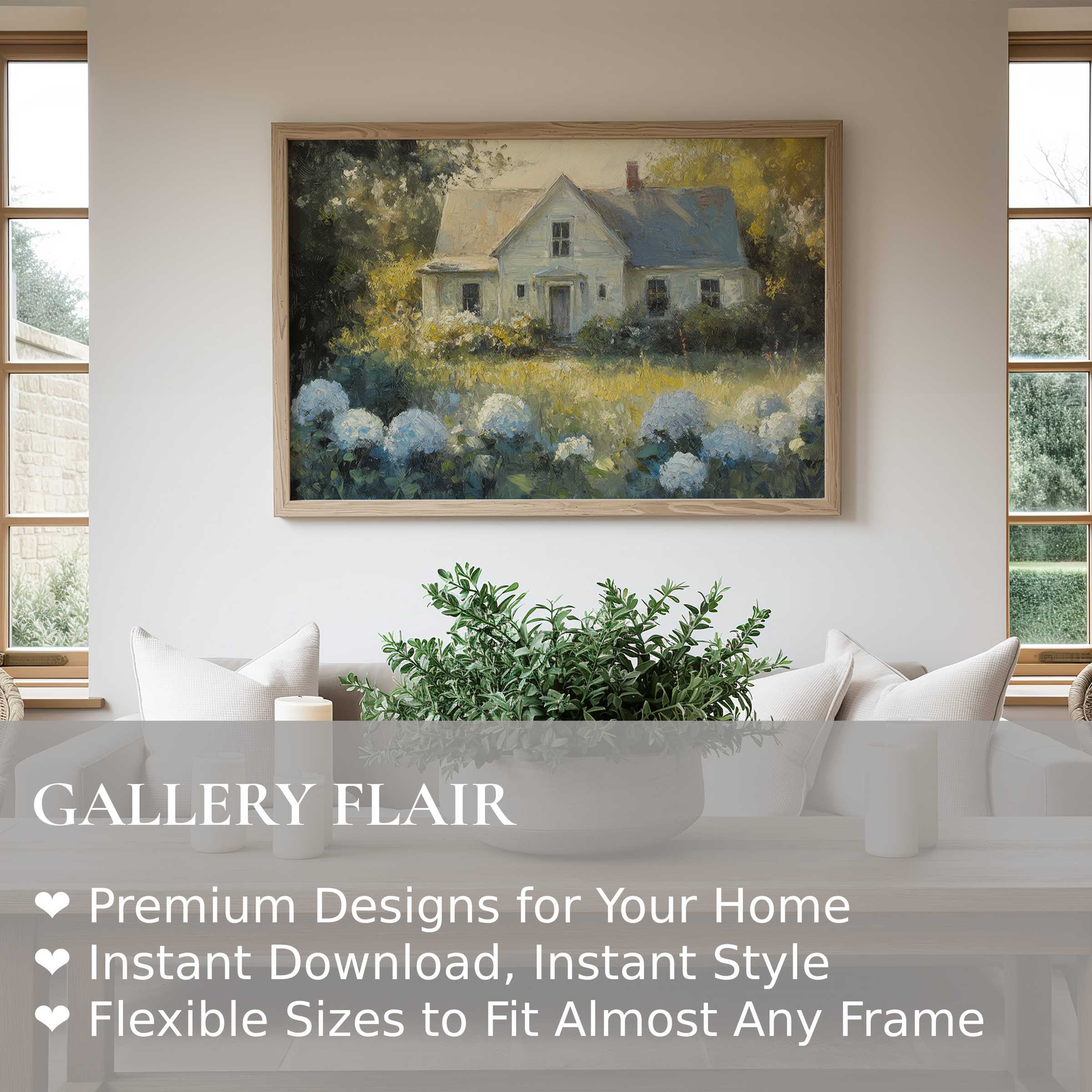 Farmhouse wall art print with soft, radiant cottage scene and blooming hydrangeas, enriching modern rustic interiors with serene charm