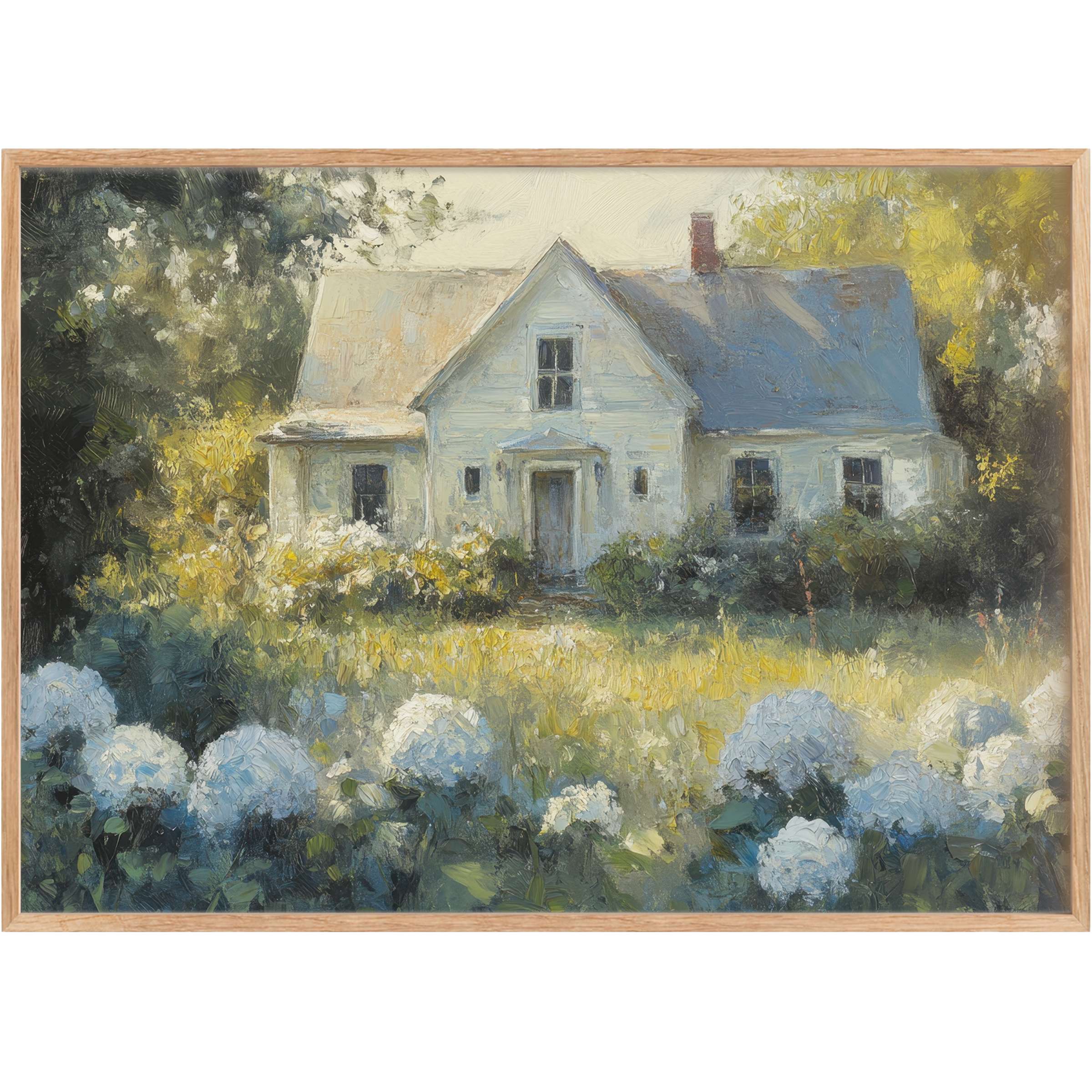 Farmhouse printable wall art radiates serene charm with soft blues and golden light, enriching cozy rustic interiors