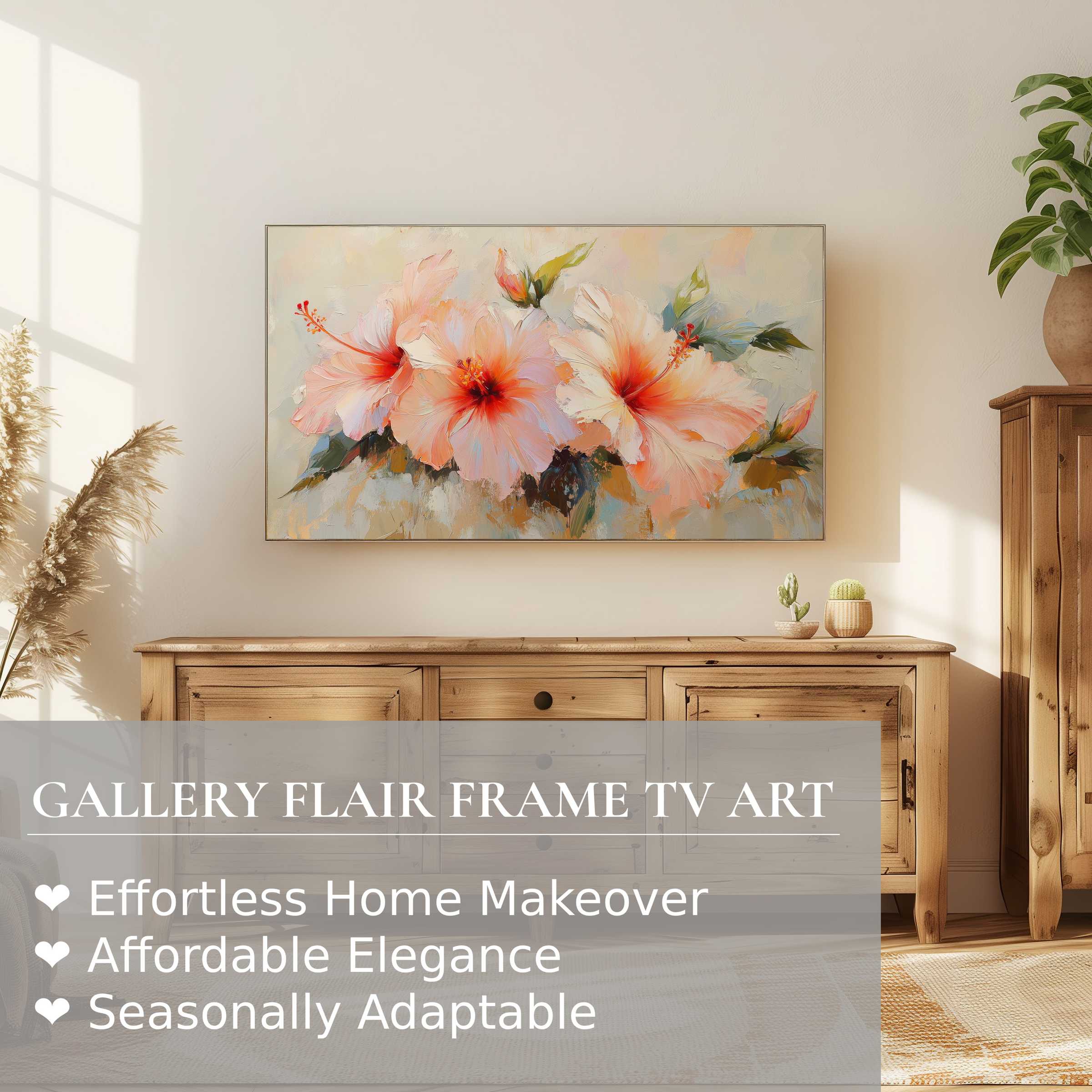 Samsung Frame TV displays elegant botanical digital artwork with soft florals in a modern, sunlit natural living space