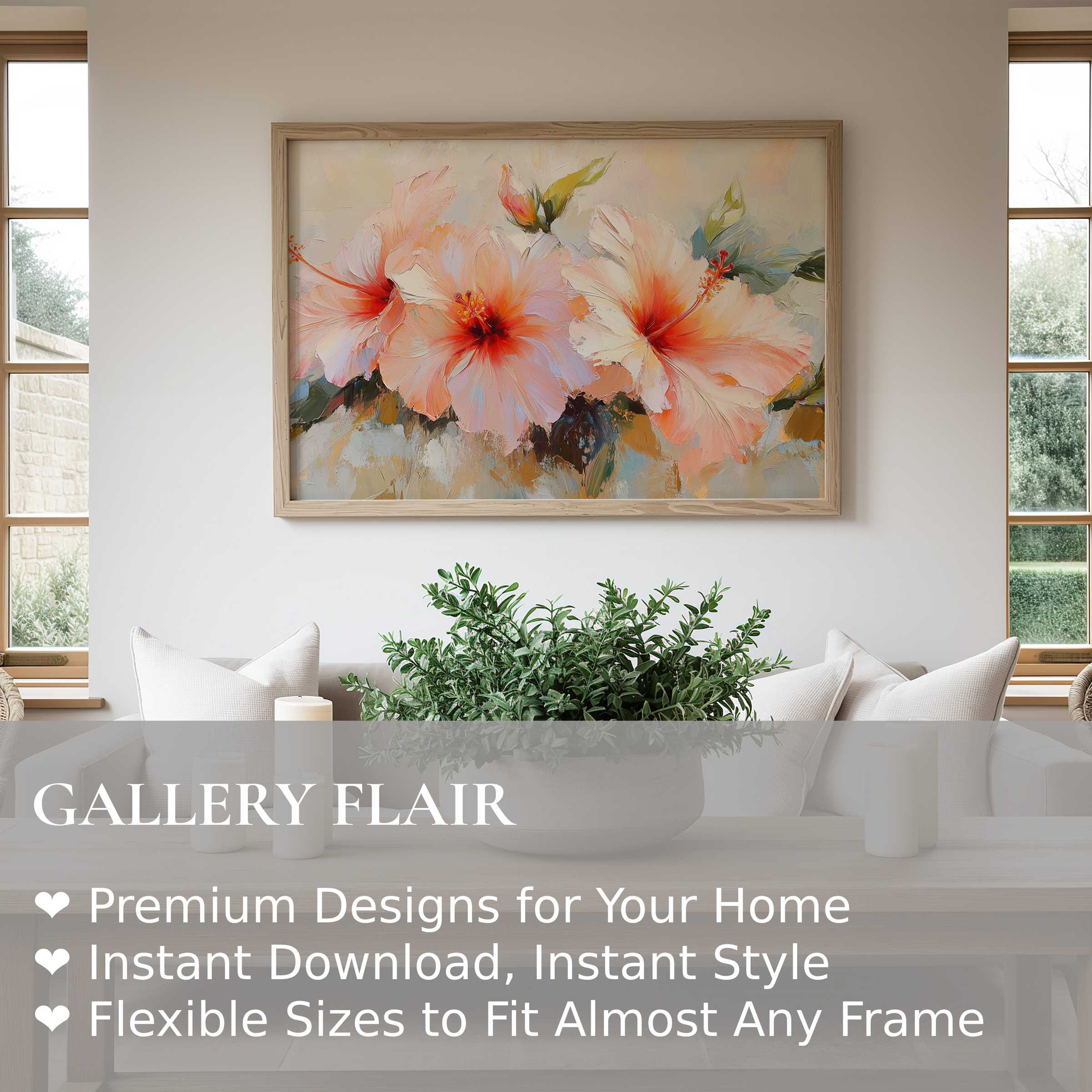 Botanical wall art print featuring soft coral hibiscus blossoms in serene natural hues, elevating minimalist modern interiors with calming elegance