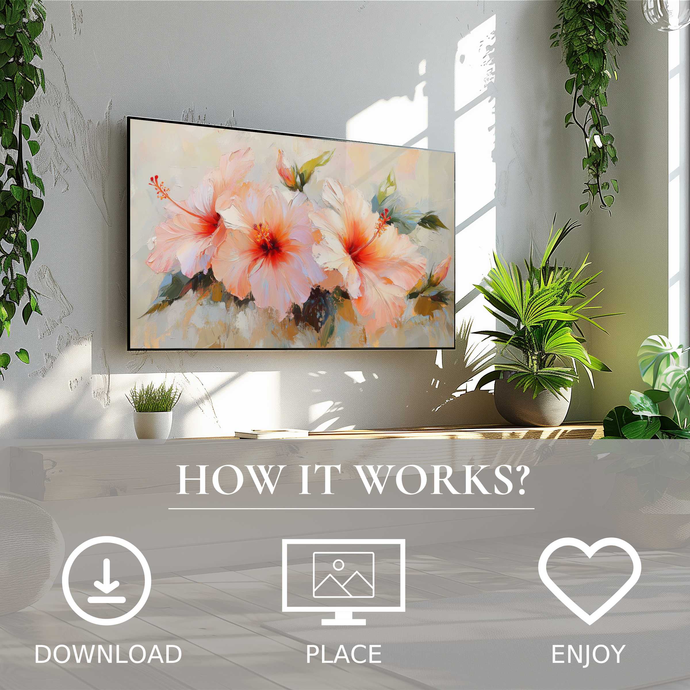 Bright living room with botanical art for Samsung TV in soft peach hues, easy digital download enriches space instantly