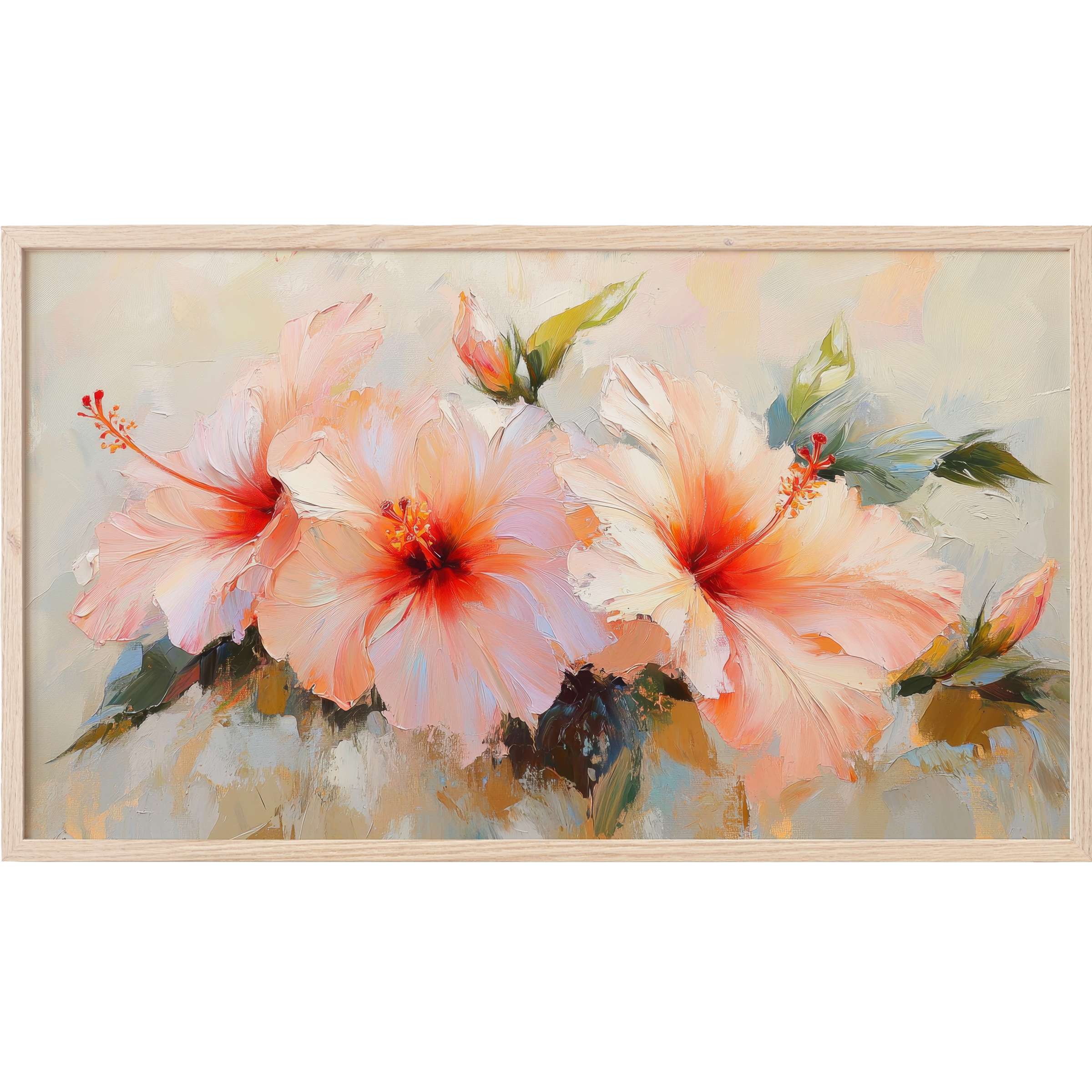 Elegant pastel floral brushstrokes with soft coral and green hues create a serene botanical Frame TV Art piece
