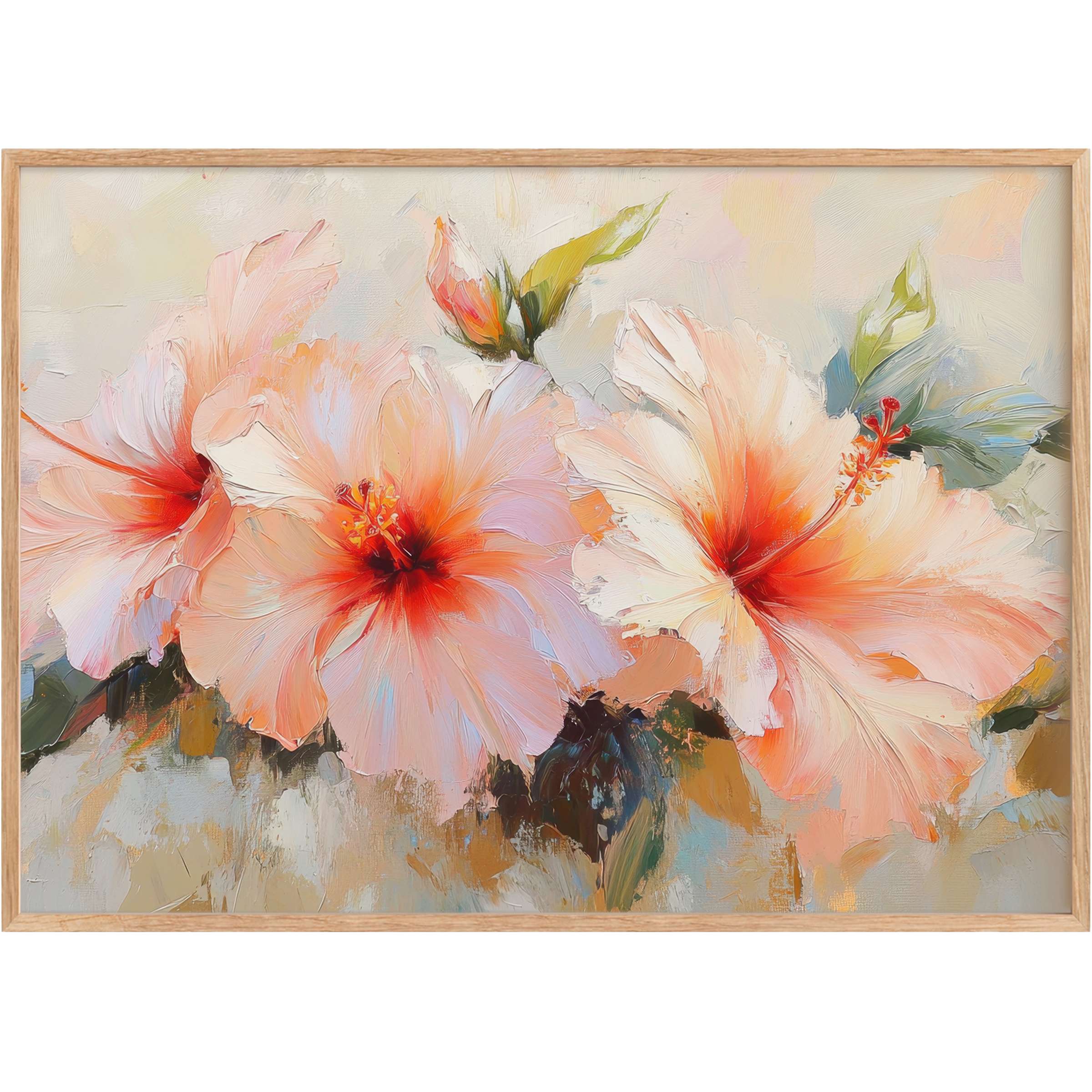 Botanical printable wall art featuring radiant peach and coral hibiscus blooms, evoking a warm, uplifting ambiance