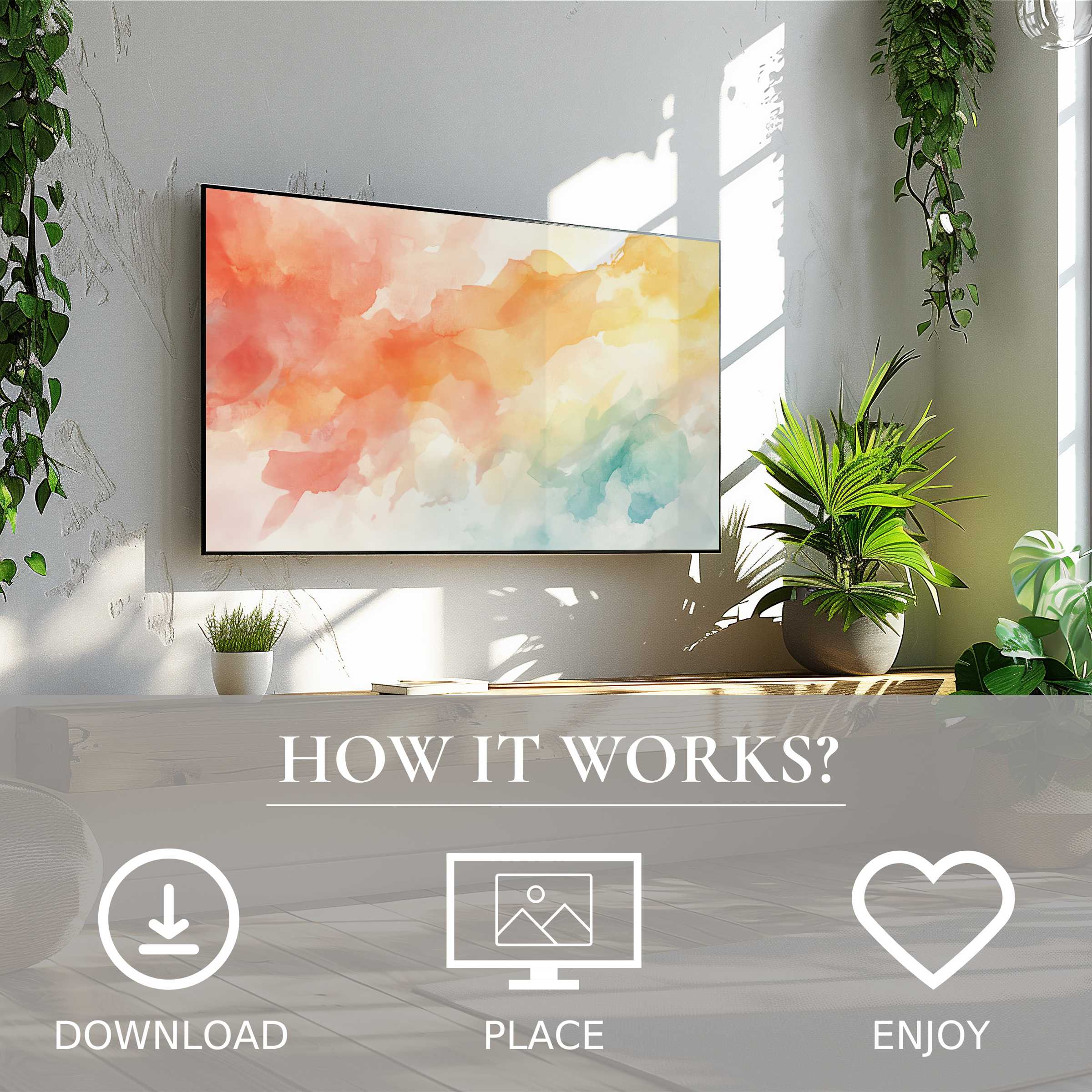 Modern art for Samsung TV showcases soft sunset tones in a bright room, easy digital download enriches living space