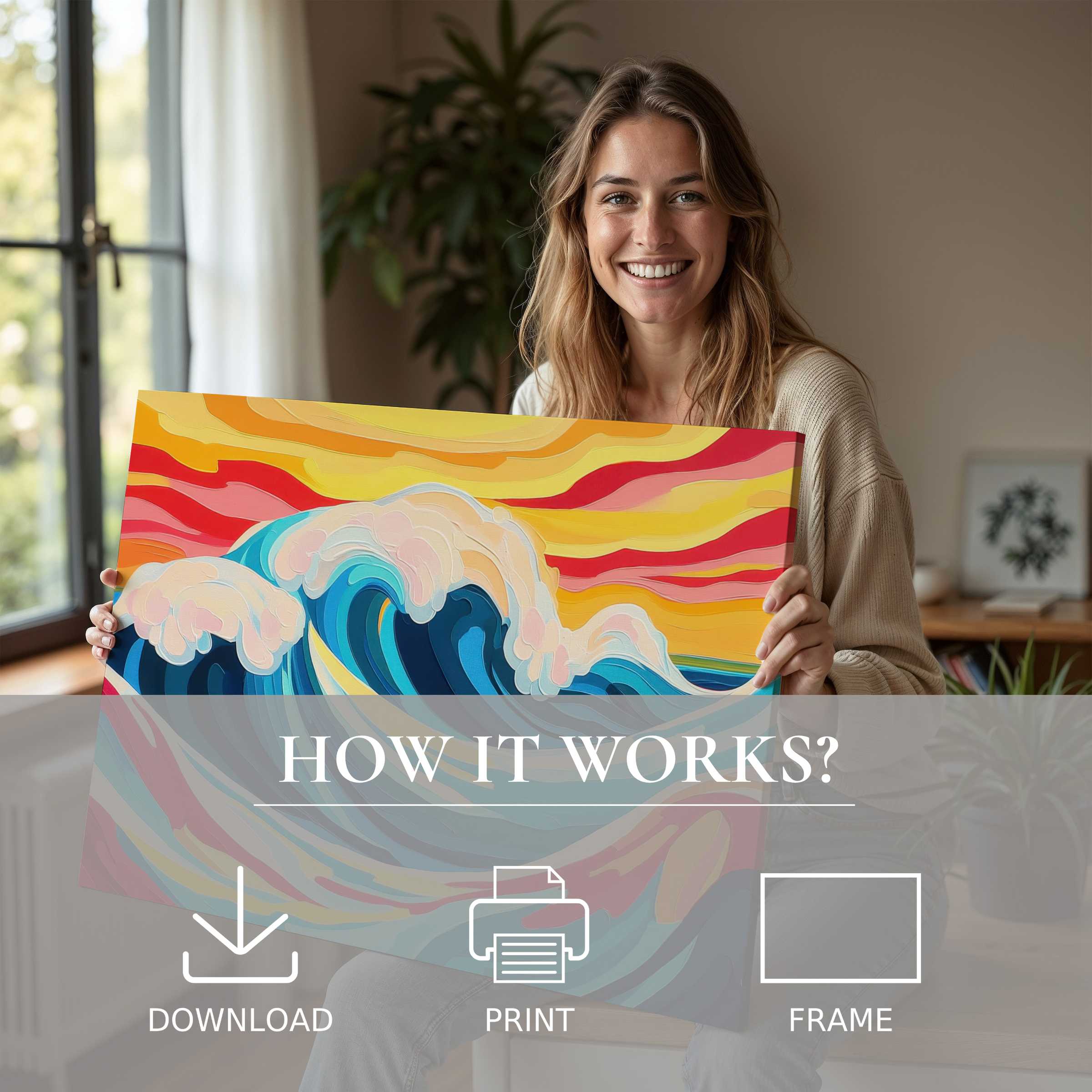 Bright pop art digital art print inspires serene joy in a stylish home, embodying the effortless beauty of living with art