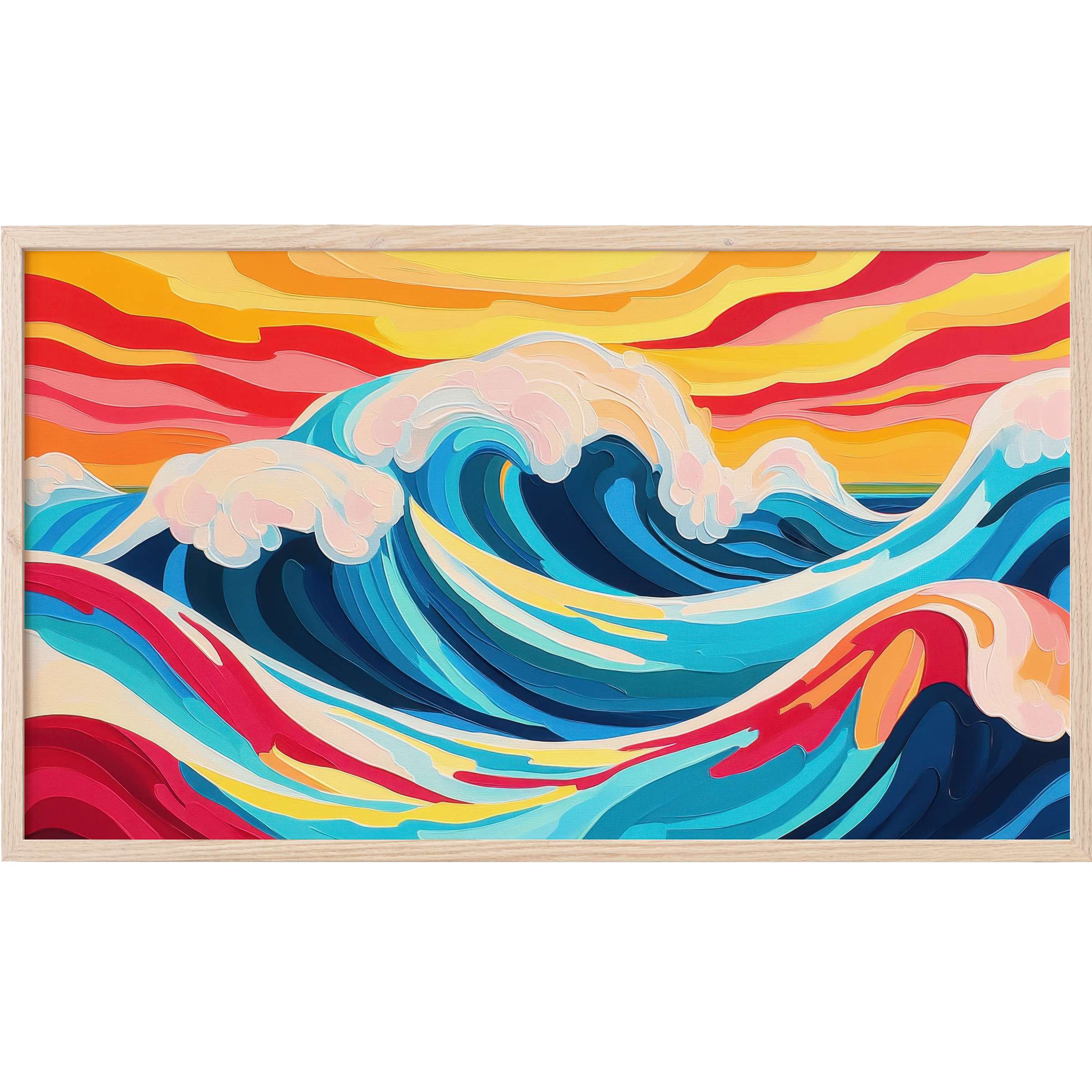 Vibrant ocean waves in layered blues with warm sunset hues in a sleek, modern pop art Frame TV Art