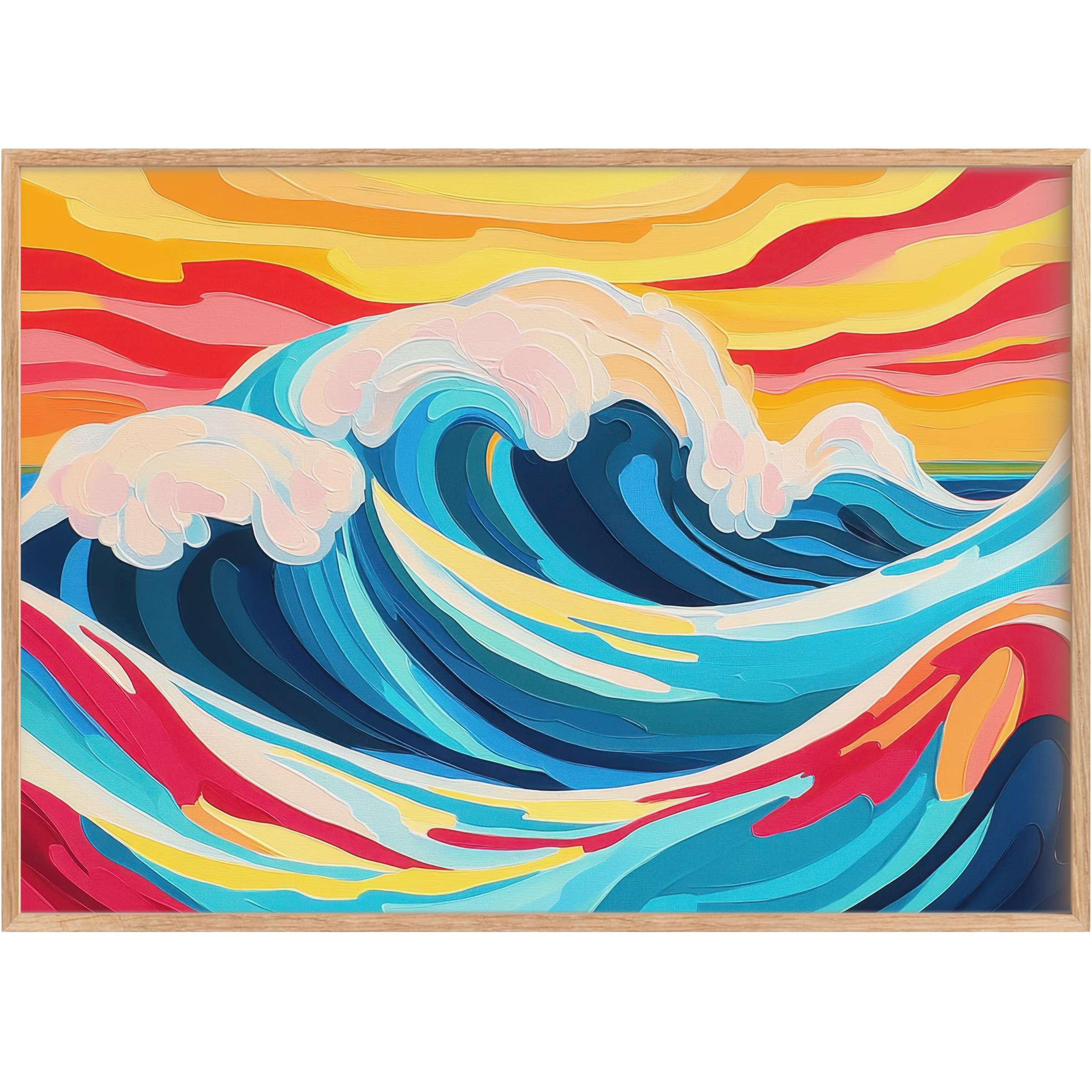 Vibrant pop art printable wall art capturing dynamic ocean waves in bold blues and radiant sunset hues, energizing any stylish space