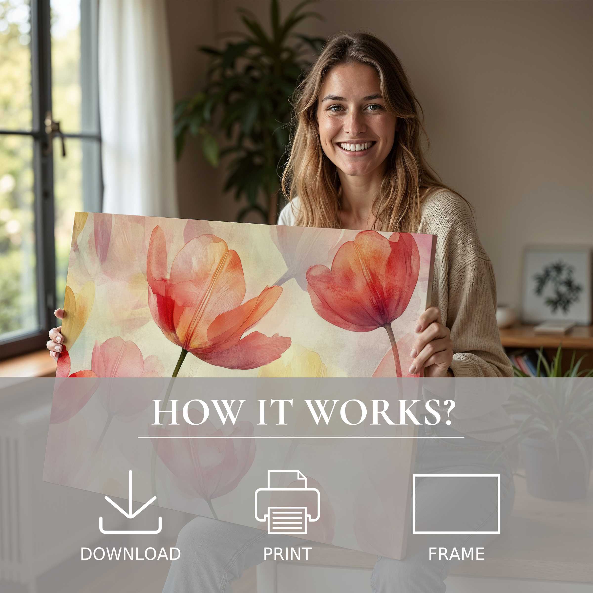 A radiant moment of joy with floral digital art print, embodying effortless elegance and vibrant connection in a modern home