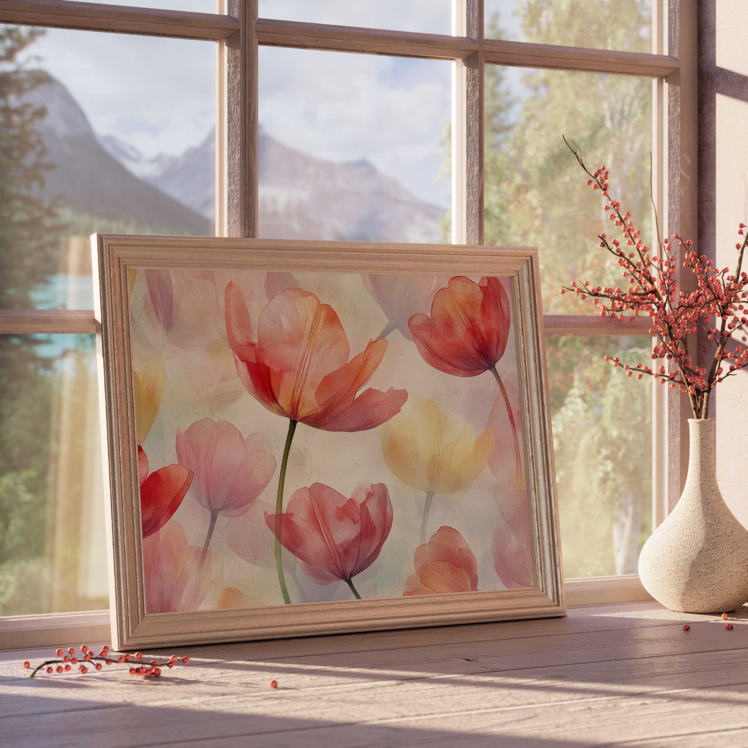 Elegant floral downloadable art with translucent tulips in warm hues, enhancing serene, curated interiors with premium botanical charm