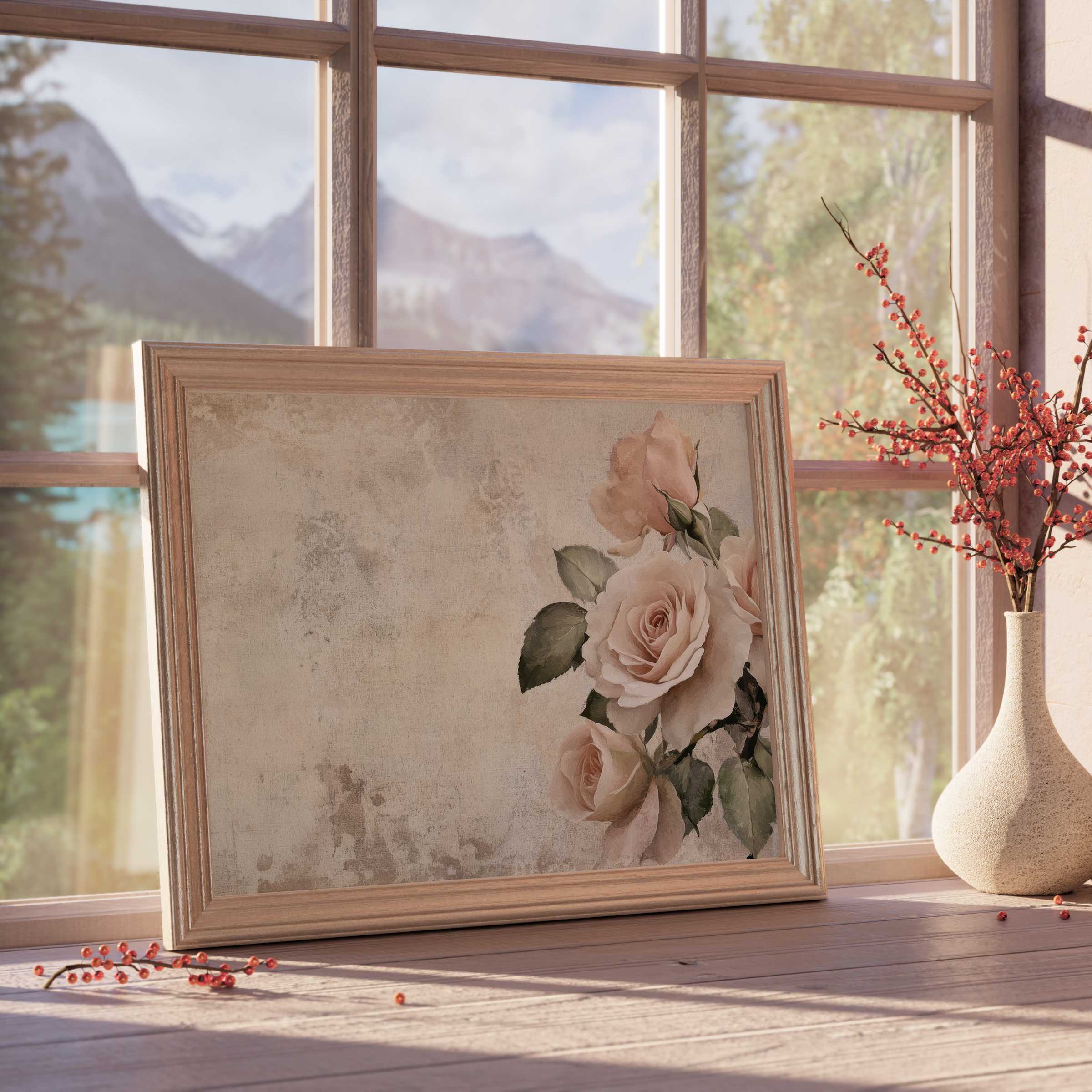 Elegant spring downloadable art featuring soft blush roses on a textured vintage backdrop, enhancing tranquil, refined interiors