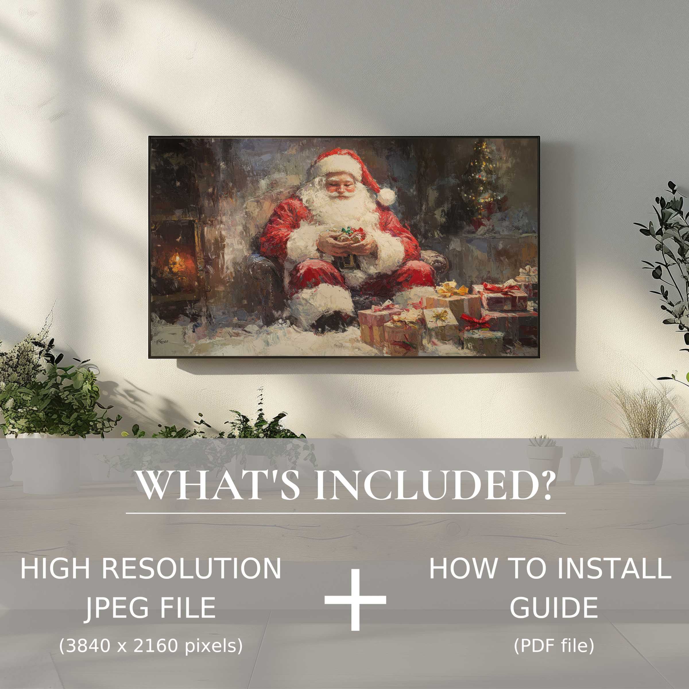 Elegant living room featuring a christmas digital TV art download, enhancing space with easy digital display