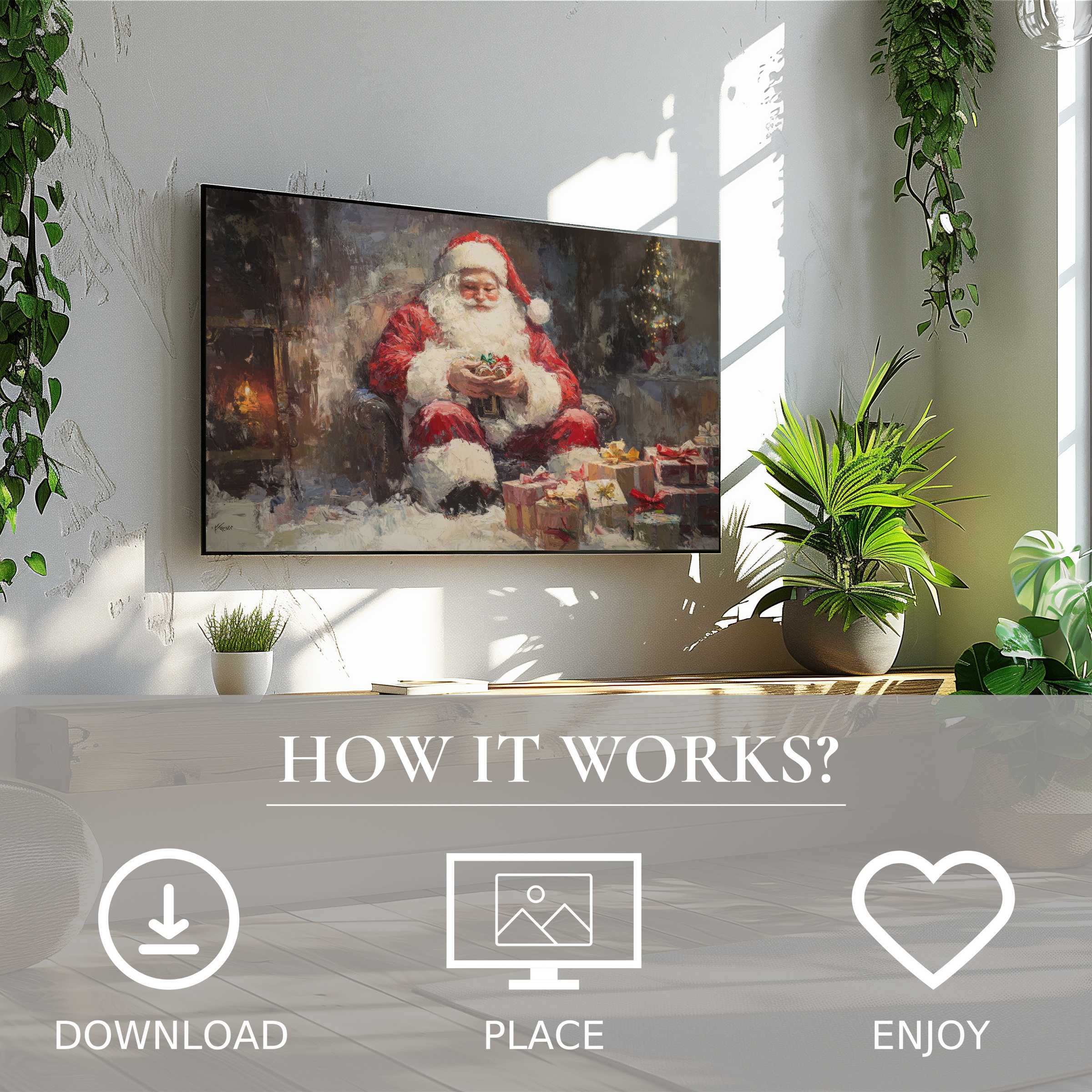 Modern living room with easy digital download; christmas art for Samsung TV shows warm Santa scene enriching space