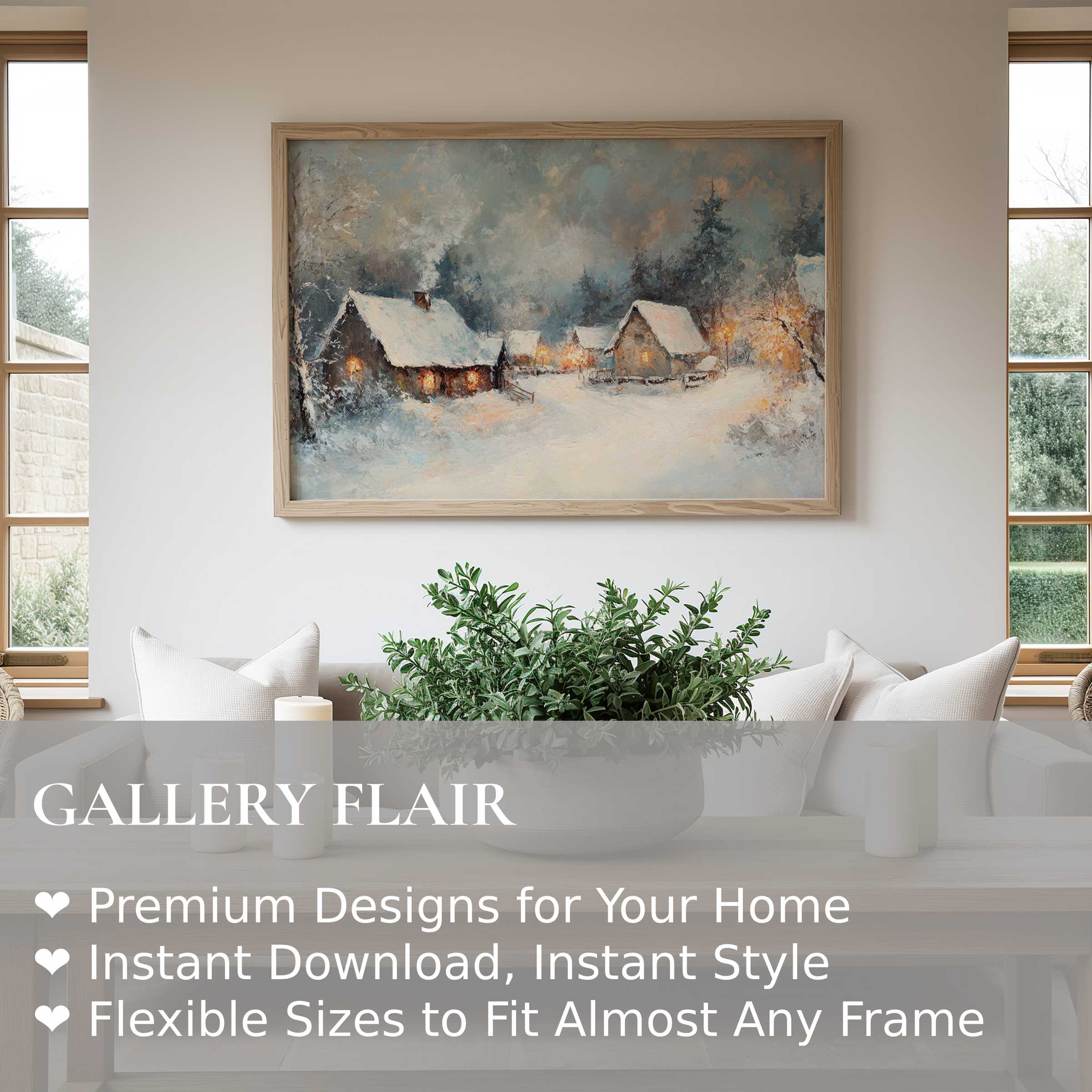 Winter wall art print capturing a serene snowy village scene with soft, warm glows, enhancing cozy modern rustic interiors