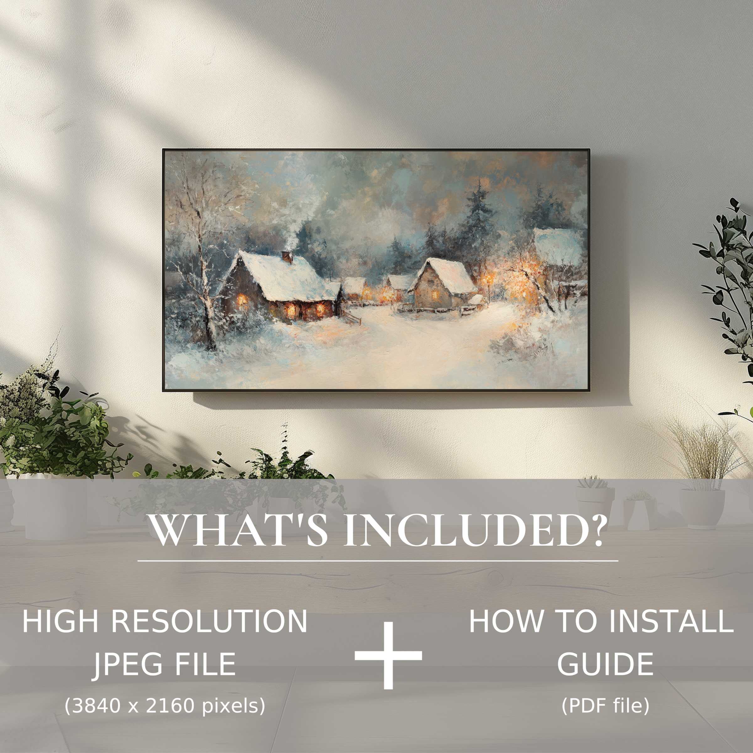 Winter digital TV art download showcasing cozy snowy cottages, easily enhancing modern living spaces with elegant digital flair