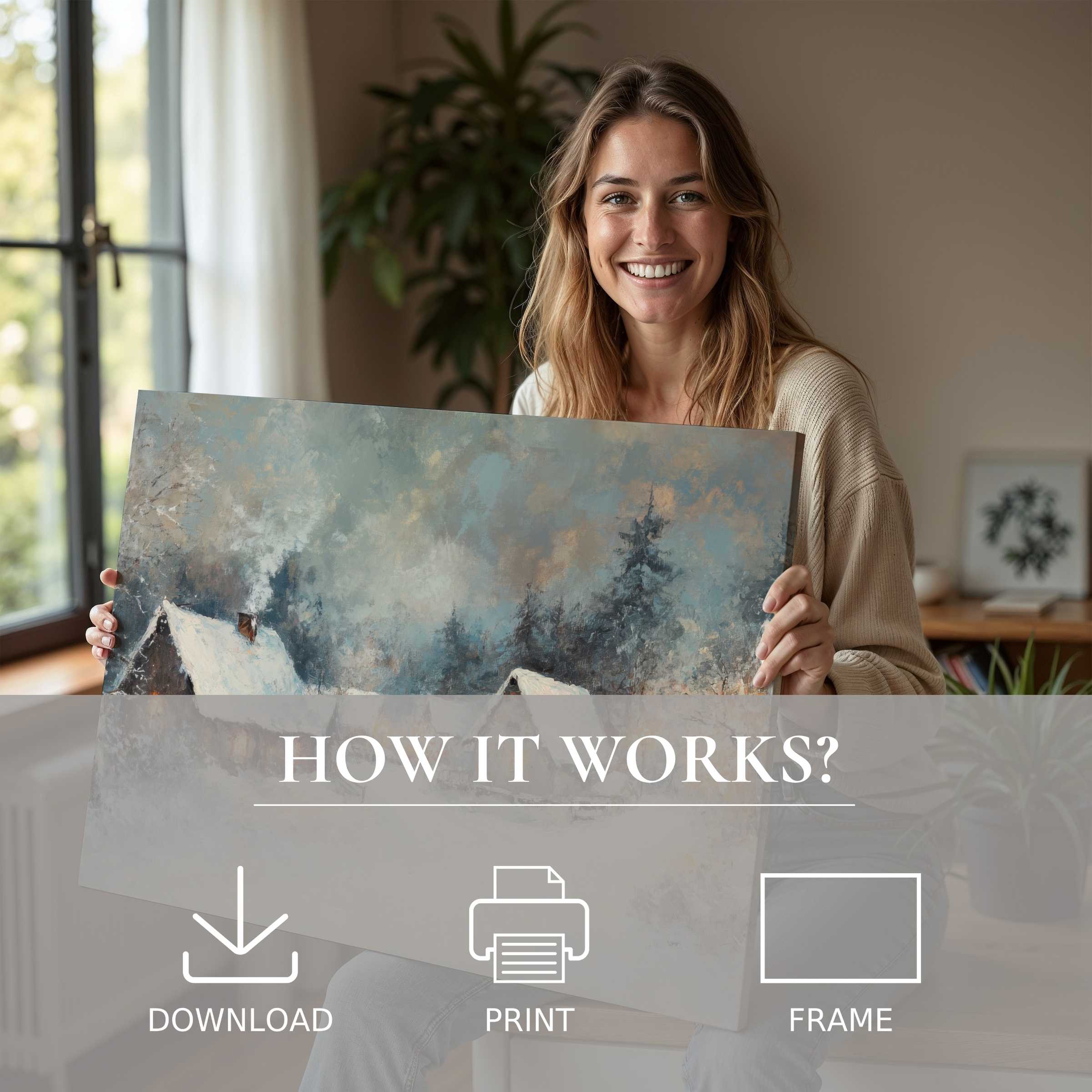 Warmth and joy radiate as a woman presents a winter digital art print, enriching her modern home with serene, timeless elegance