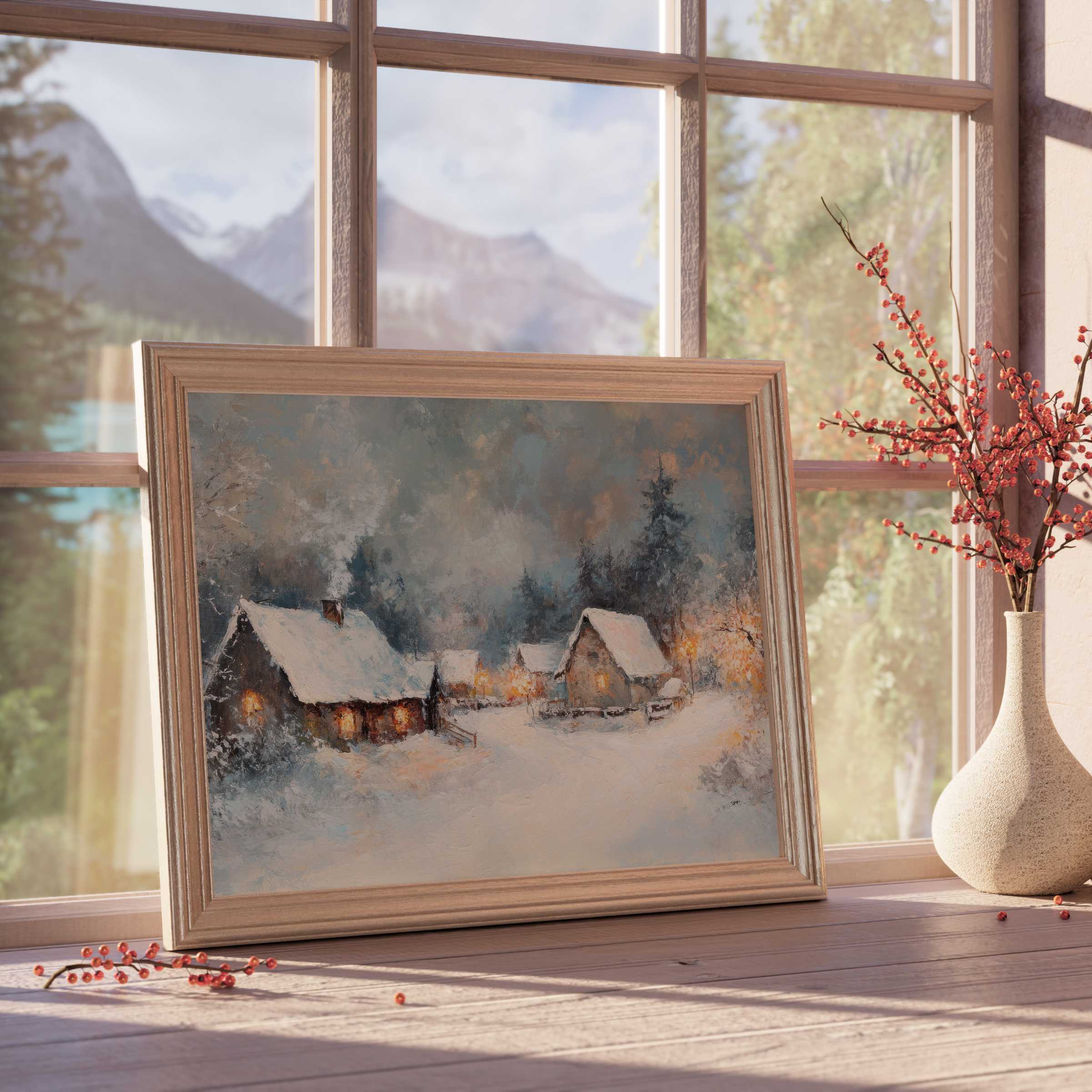 Winter downloadable art capturing a serene snow-covered village with glowing cabin lights, perfect for elegant, cozy interiors