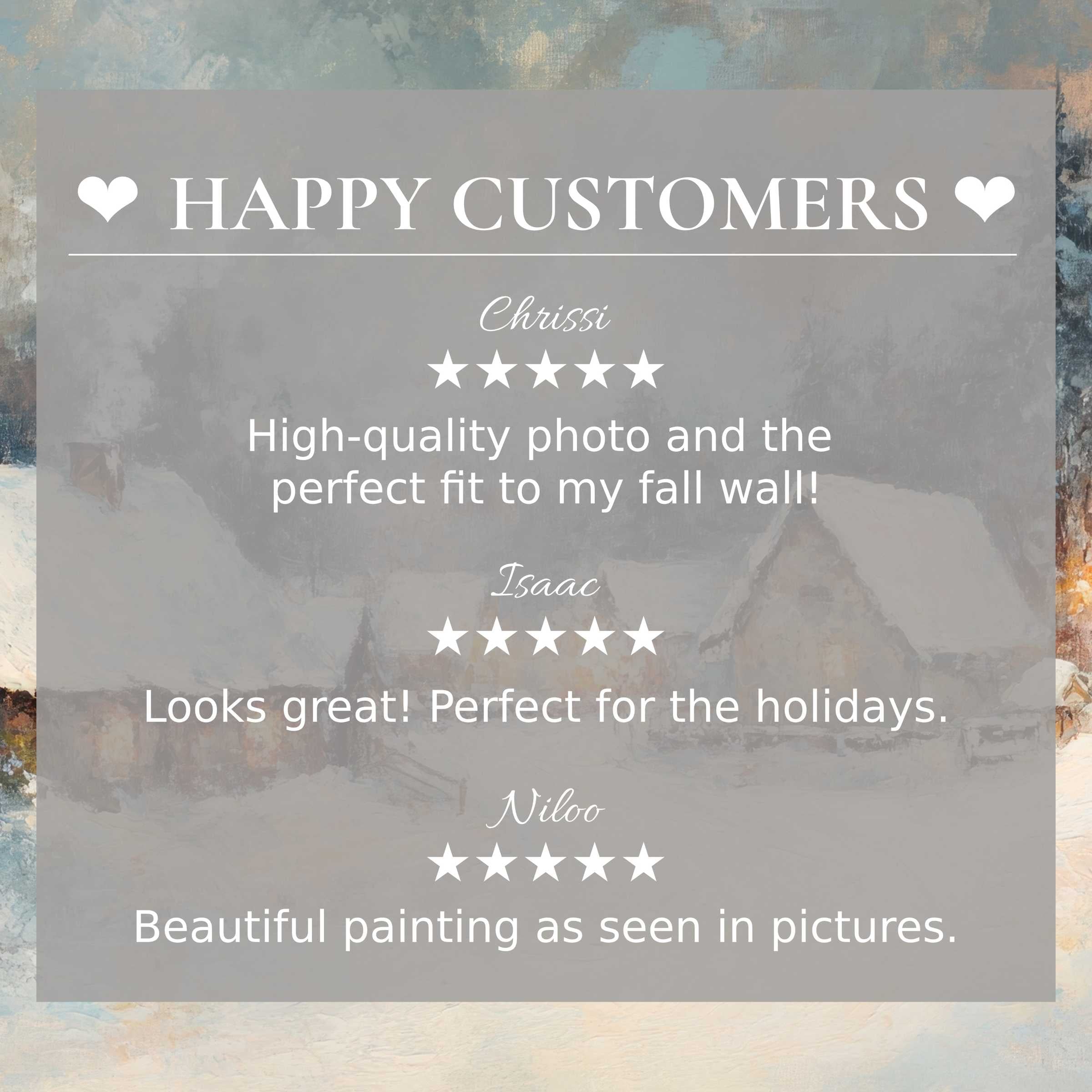 Winter art for Frame TV with serene snowy village backdrop, featuring happy customer reviews that inspire trust and elegance