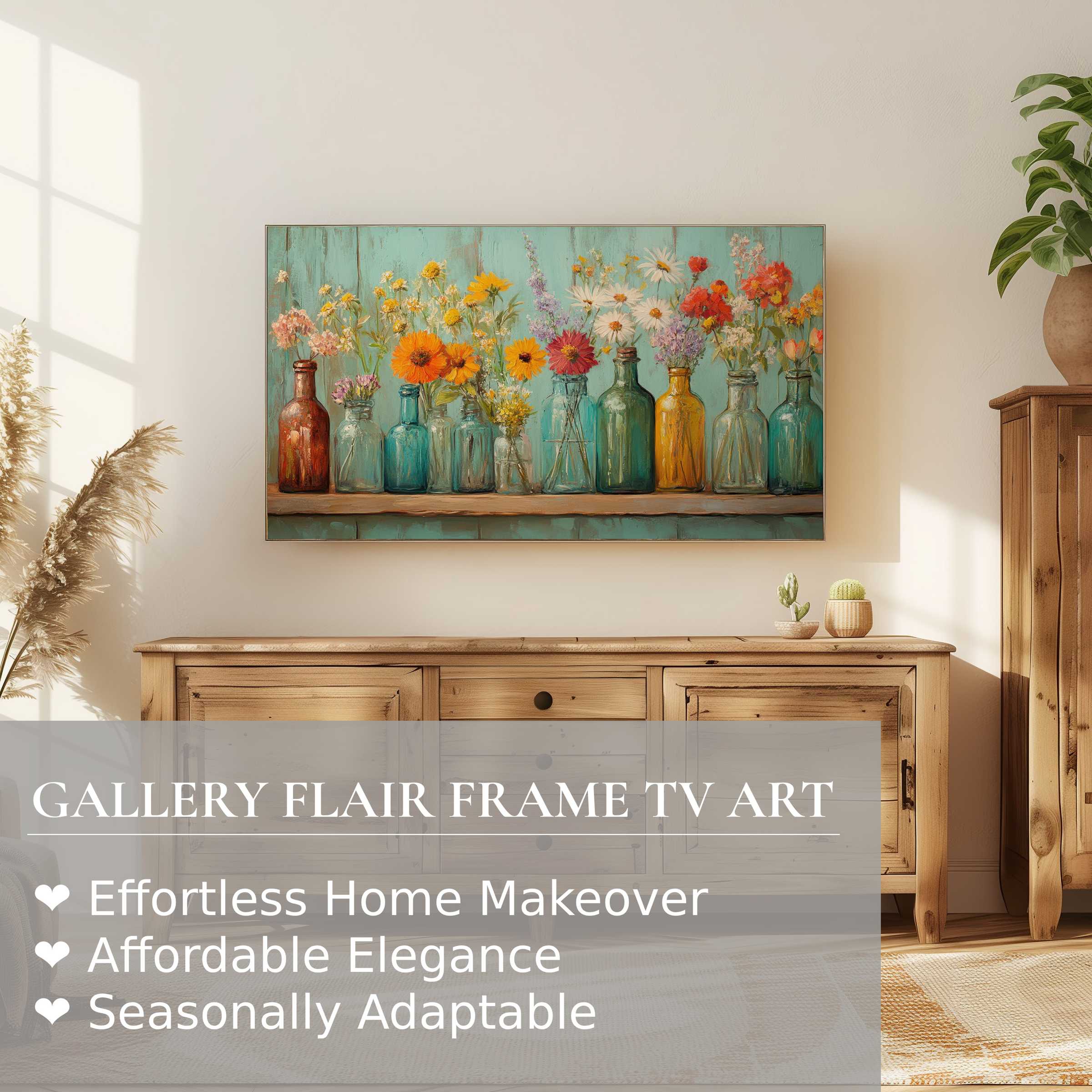 Samsung Frame TV showcasing boho digital artwork of vibrant flowers in glass bottles, enhancing elegant modern interiors