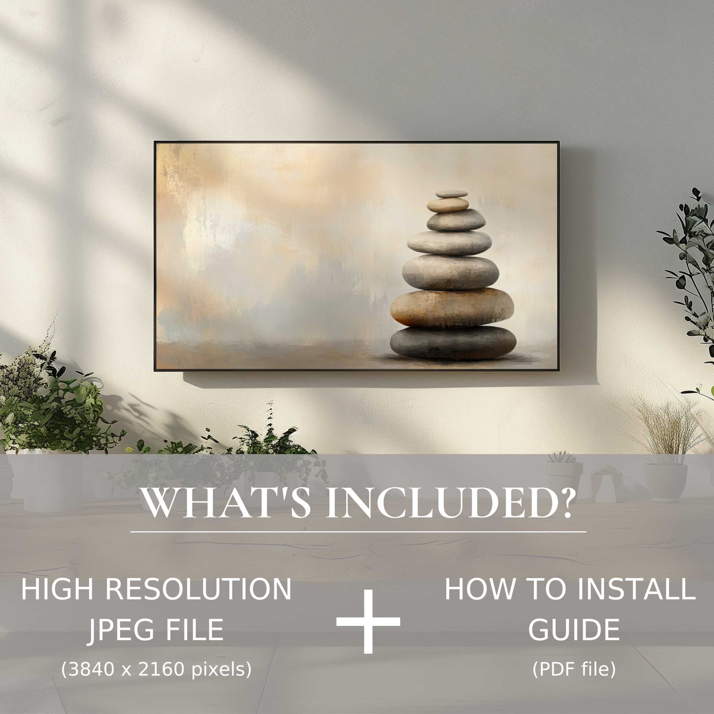 Elegant living room with neutral digital TV art download of stacked stones, enhancing space via easy digital use