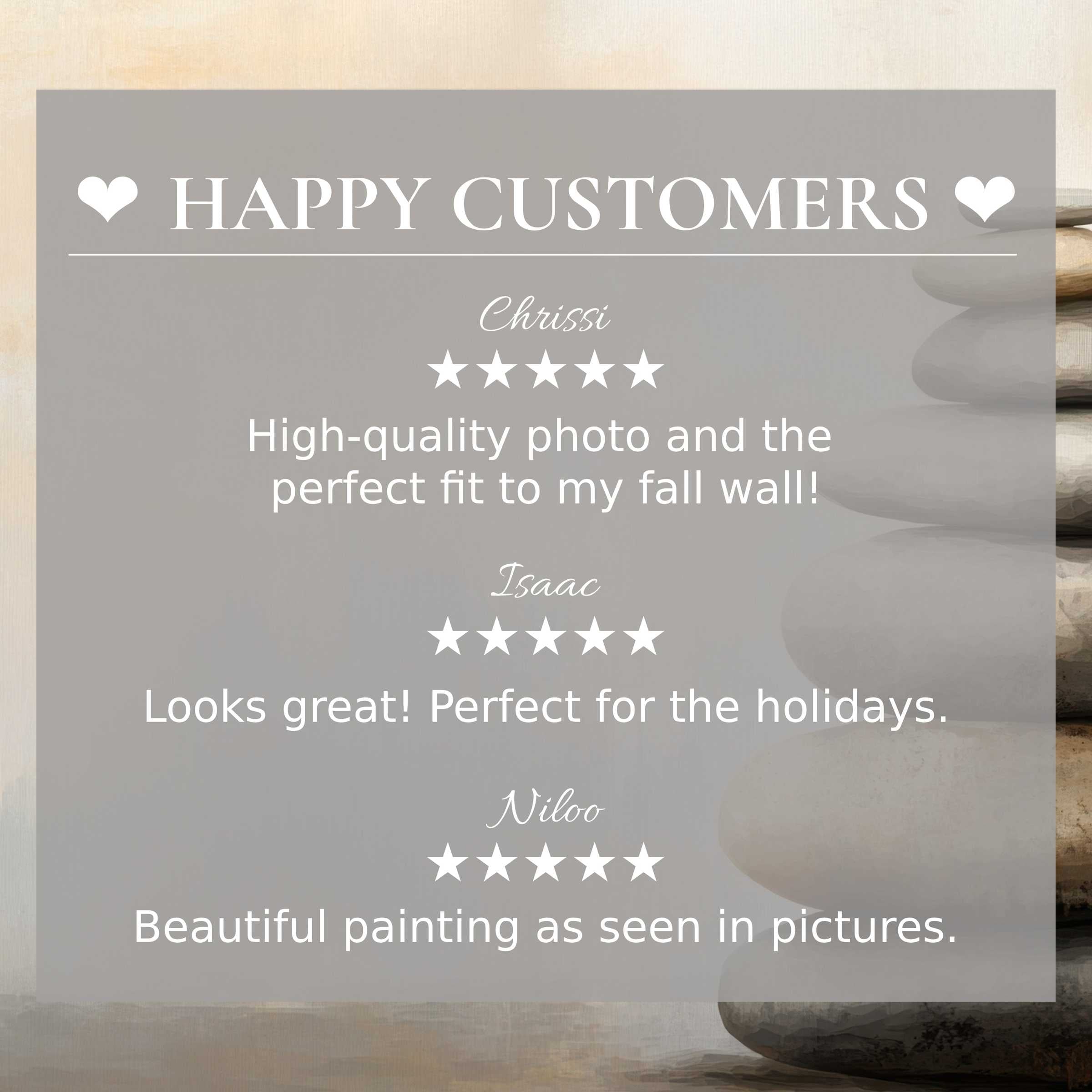 Neutral art for Frame TV with serene stacked stones background, showcasing happy customer reviews and elegant trust