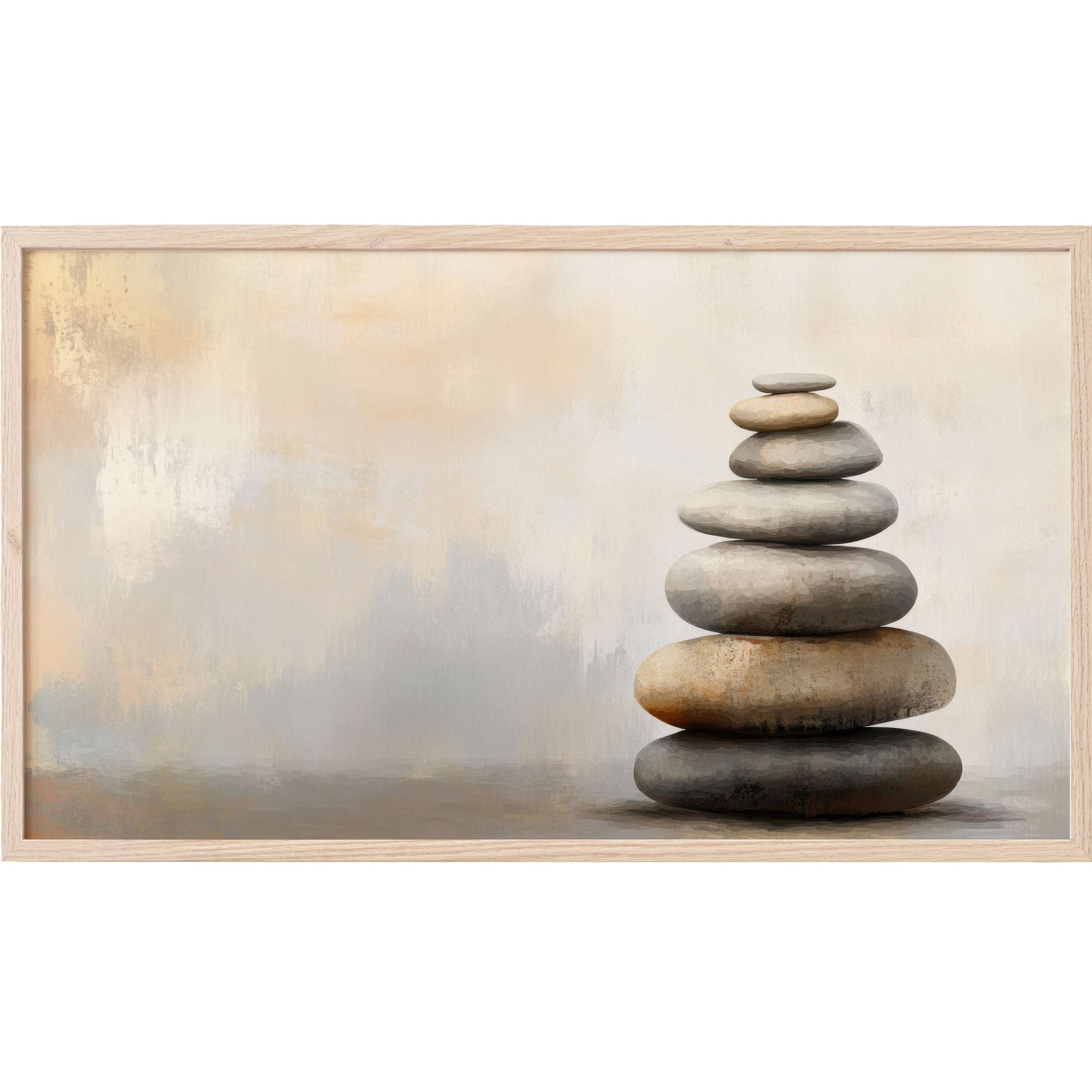 Neutral Frame TV Art: Elegant stacked stones in soft beige, gray, and taupe hues with a serene, modern aesthetic