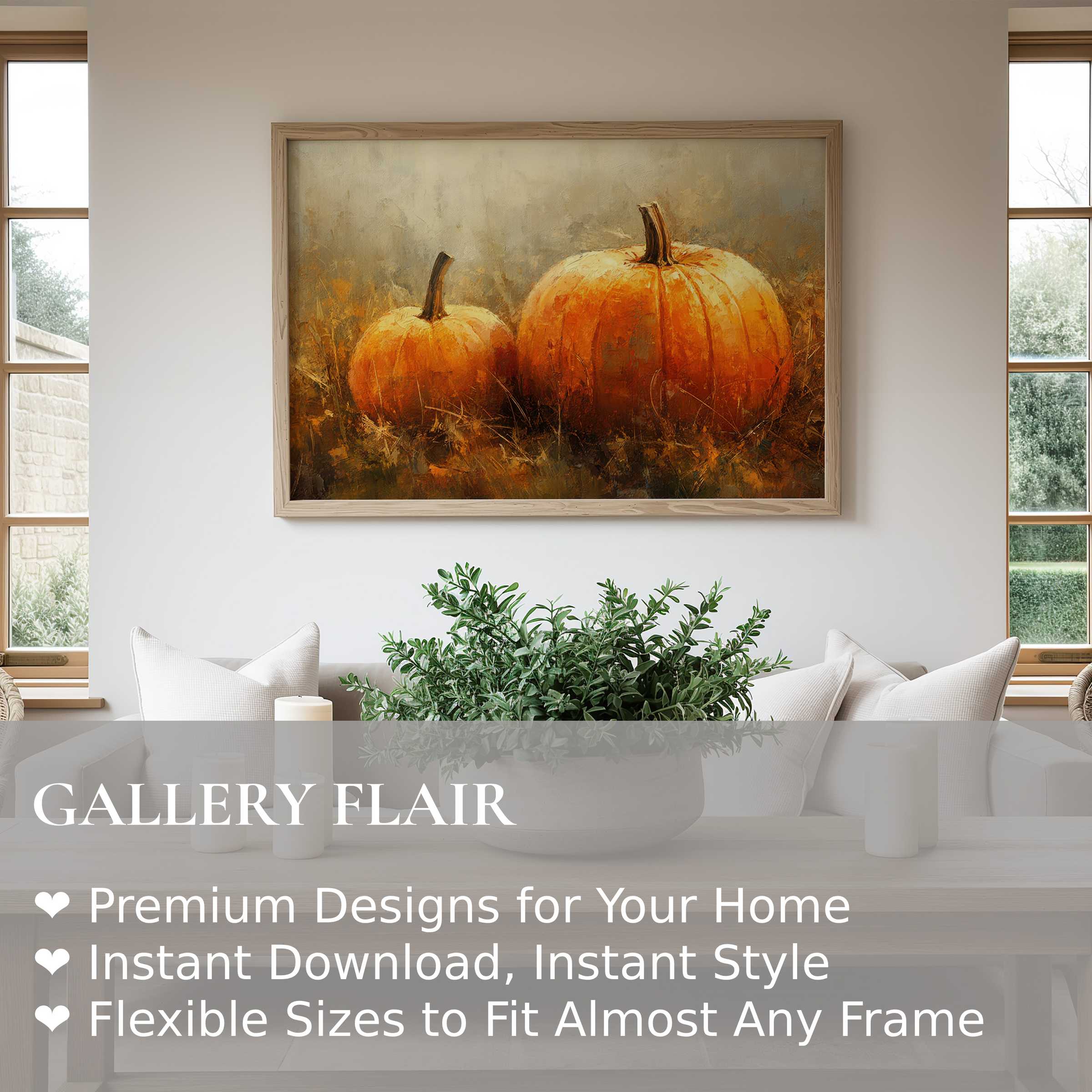Fall wall art print featuring radiant pumpkins in a warm, earthy palette, enhancing modern minimalist interiors with cozy autumn charm