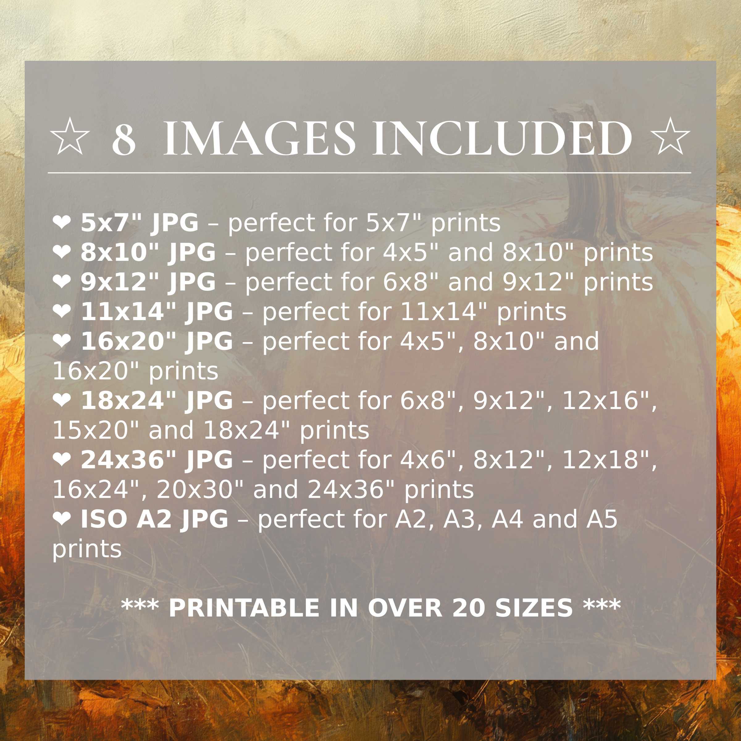 Fall digital print radiates warm amber and deep ochre tones, offered in 8 high-quality sizes included to enrich refined modern interiors with timeless elegance and versatile style