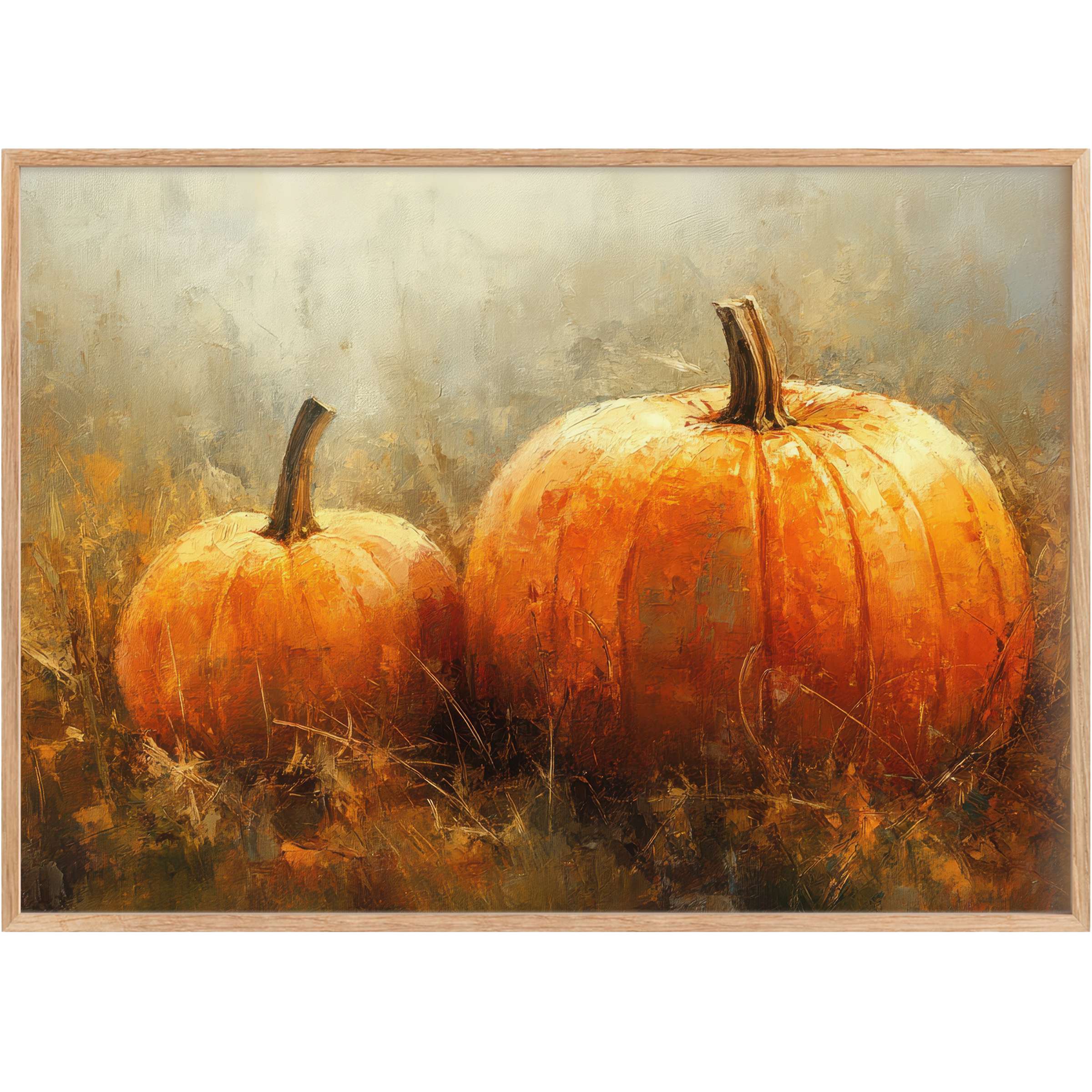 Warm, inviting fall printable wall art featuring radiant orange pumpkins in soft golden hues, enriching any chic living space