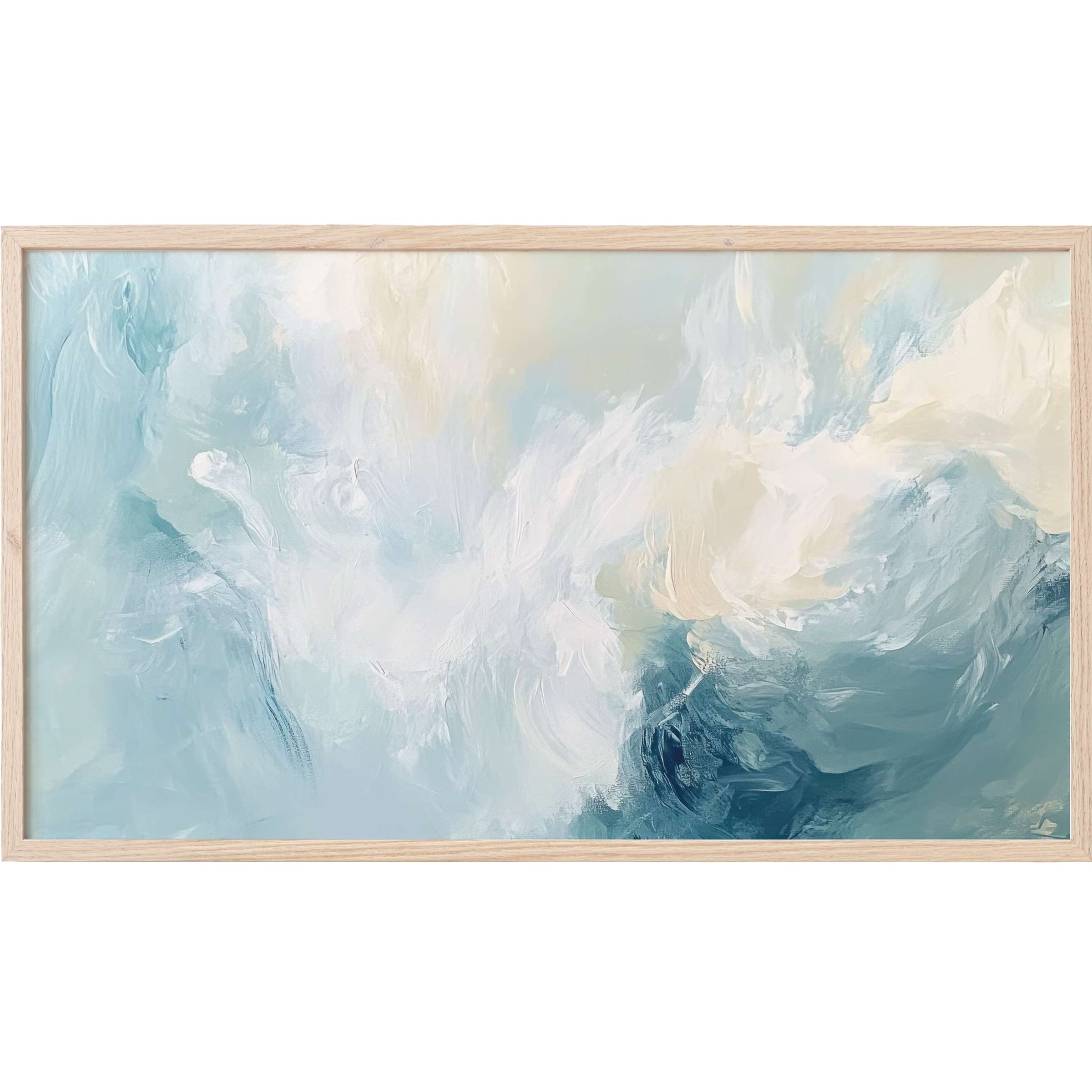 Serene blue and cream swirls in soft brushstrokes evoke calm in this elegant abstract Frame TV Art piece