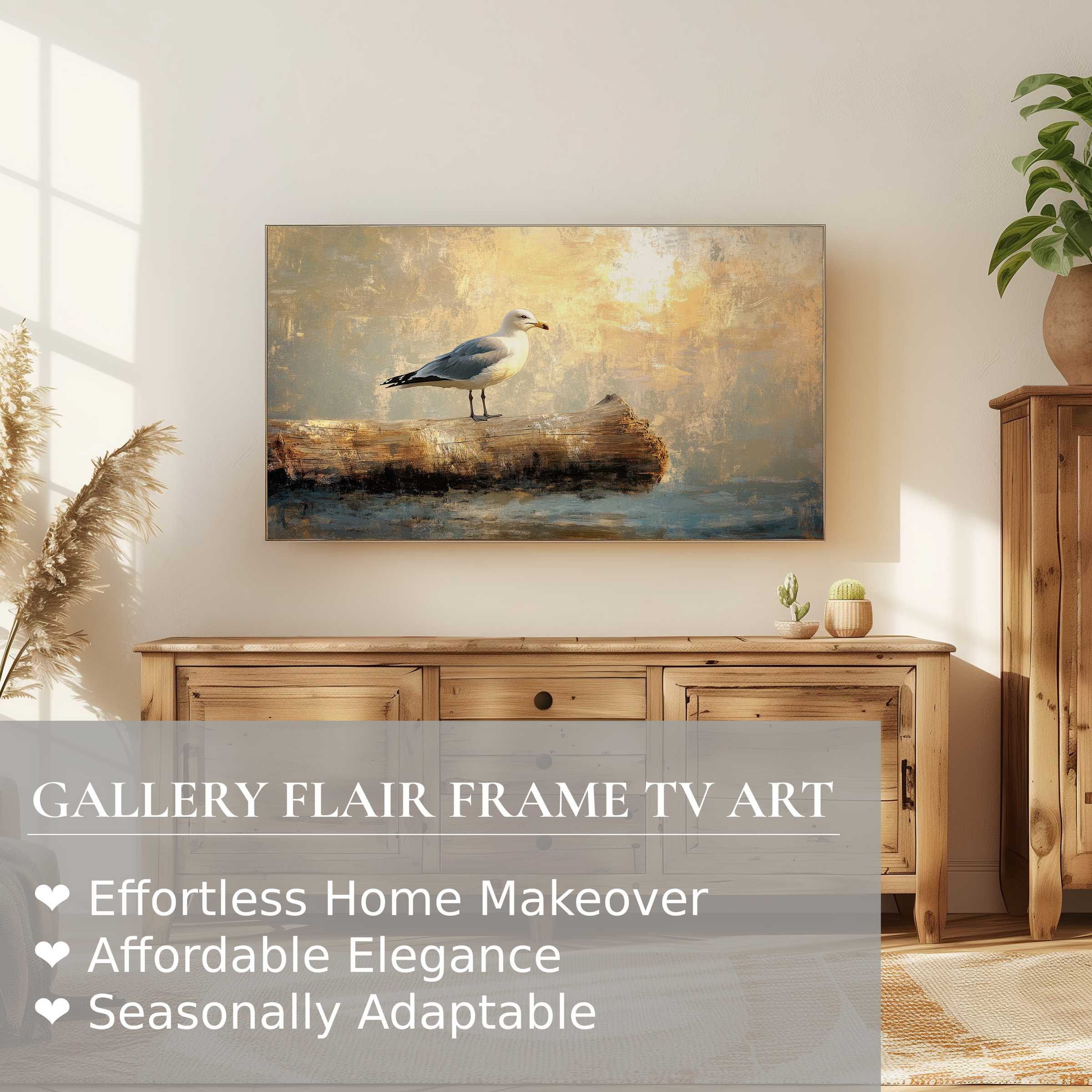 Samsung Frame TV displays serene coastal digital artwork, blending rustic charm with modern, elegant home decor