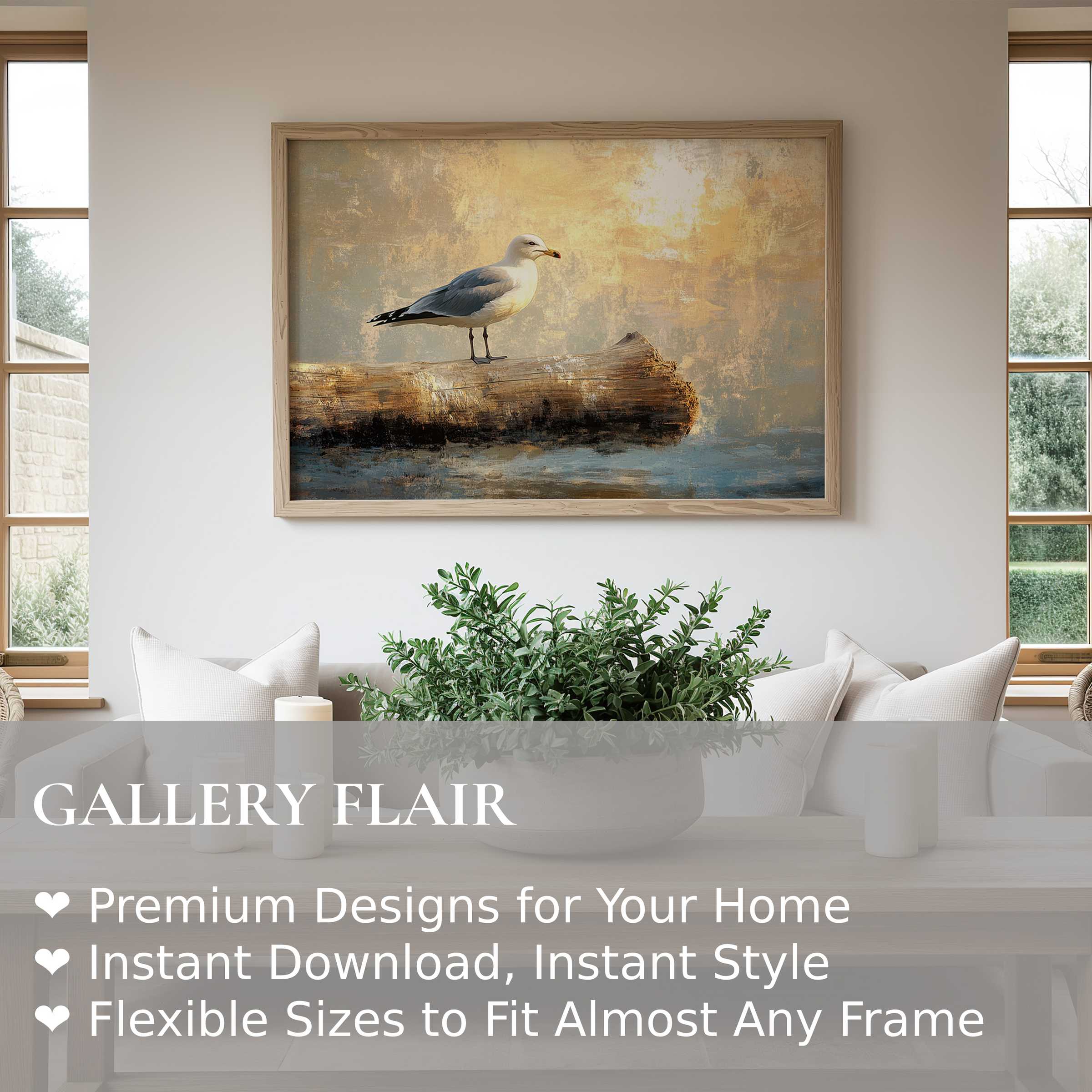 Coastal wall art print with a serene seagull on driftwood, evoking calming coastal living for modern beach house décor
