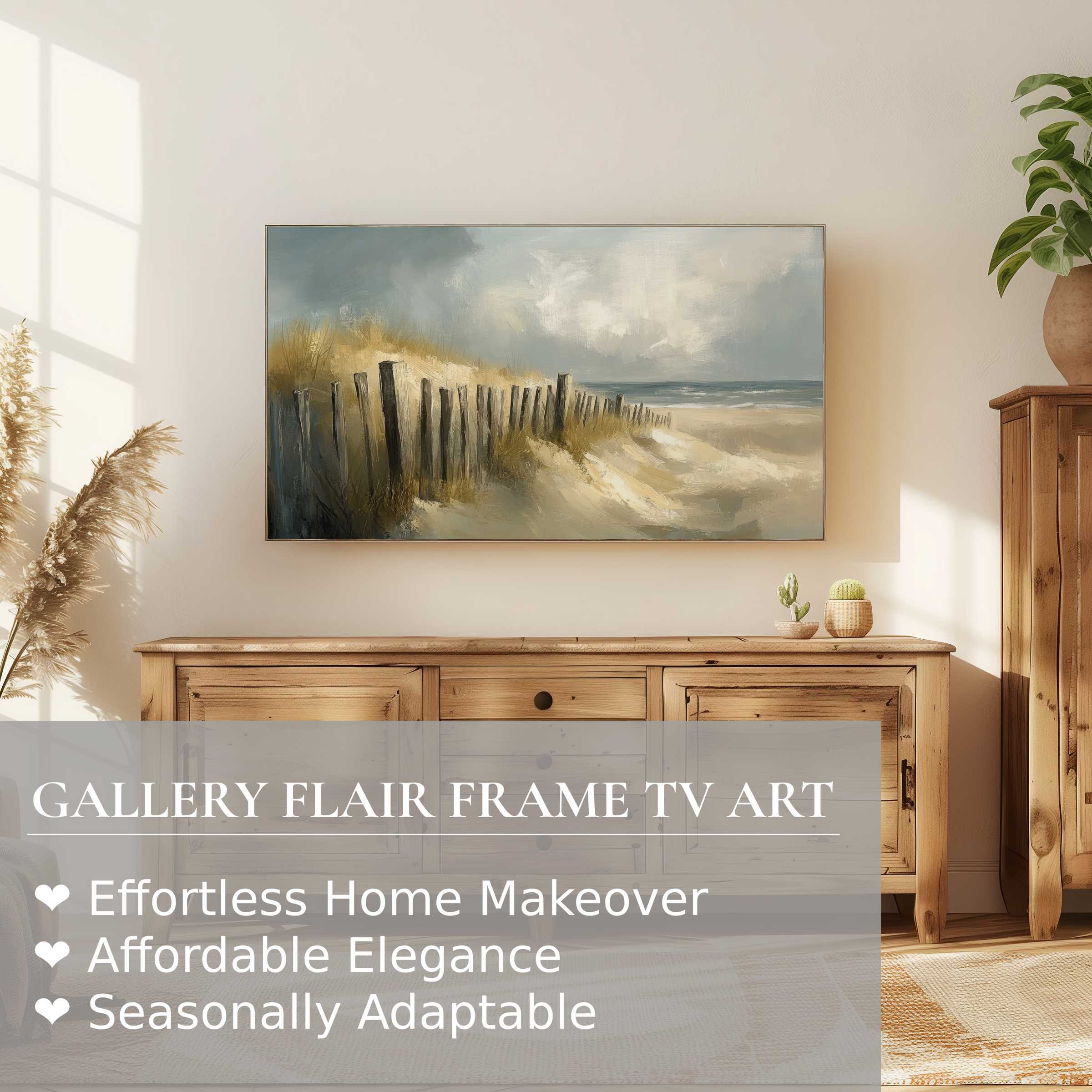 Samsung Frame TV displays serene beach digital artwork with soft tones, perfect for refined modern home decor