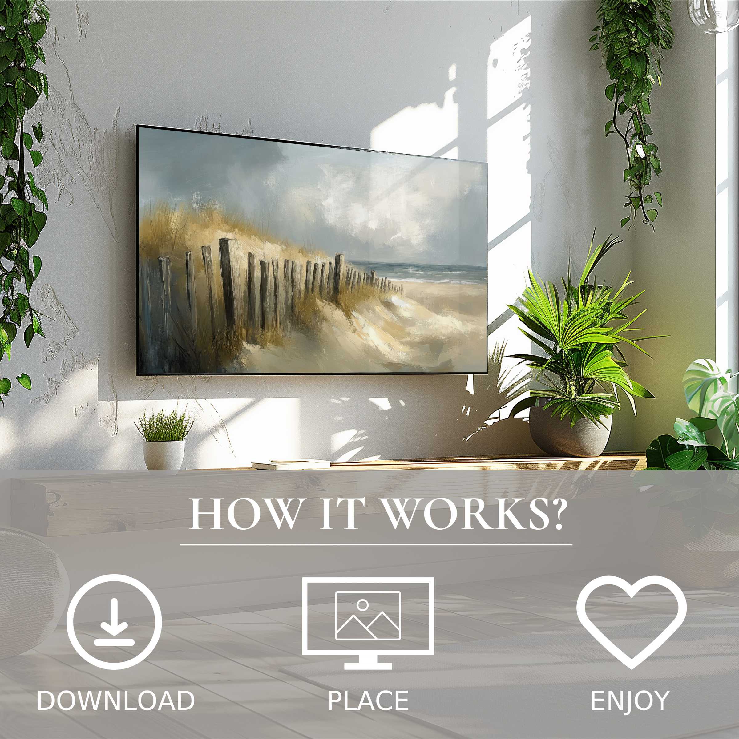Modern living room with beach art for Samsung TV; soft muted tones, easy digital download enriches your space